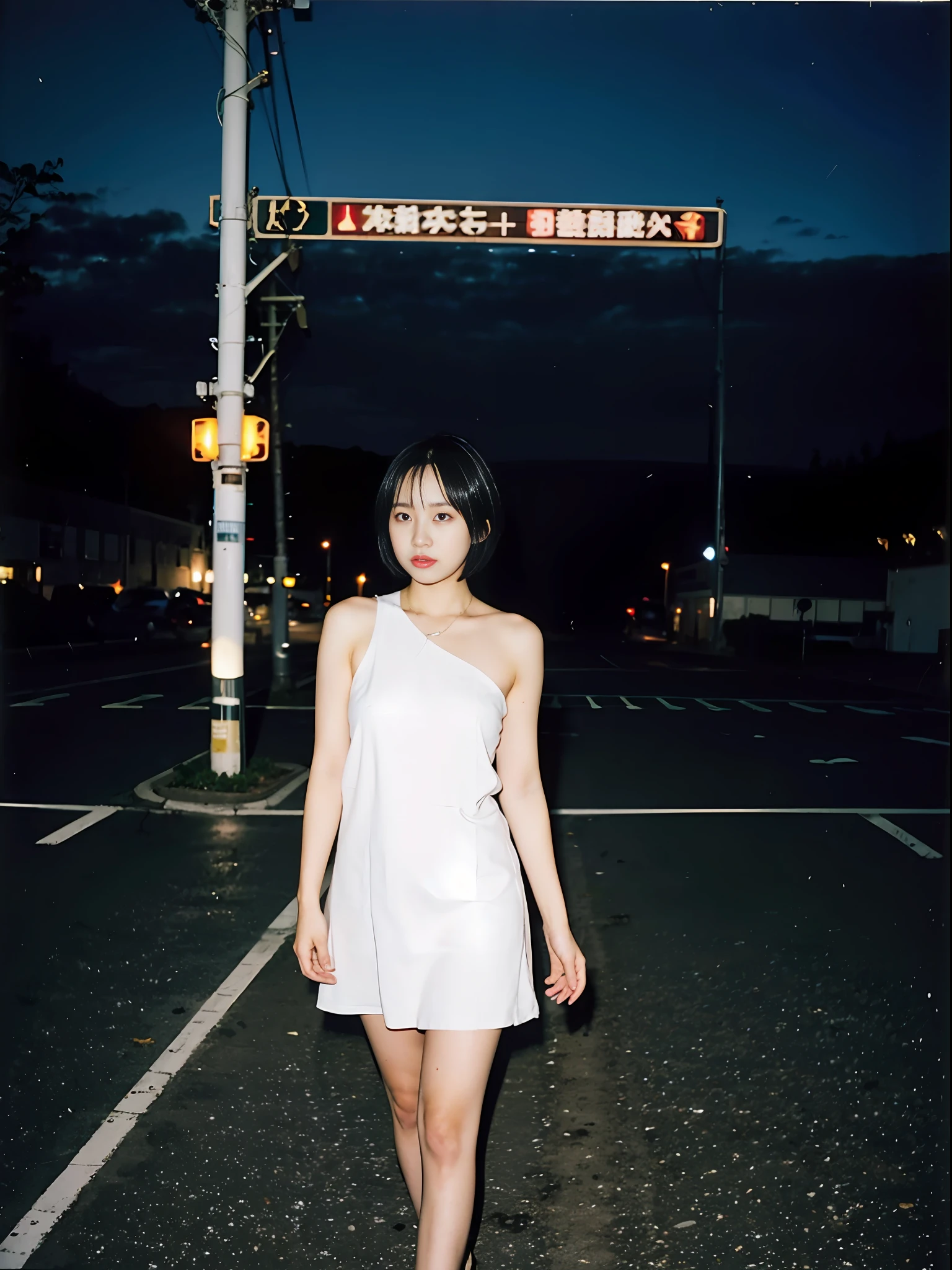 masterpiece, raw photo, film photo, 90s flash photo, (glint:1.3), walk, empty road, electric shock, electricity, spark, leakage, electrification, power distribution, power generation, base, electric, blurred multicolor lighting, 1girl, empty キャバレー、けばい化粧、濃い化粧、金のネックレス、金の指輪、金の腕輪、empty night club, beautiful 1girl, sin side of camera, 後ろ手、斜め立ち、best quality, (bob short hair:1.3), Long legs, slit skirt, One-shoulder dress,(rain:1)