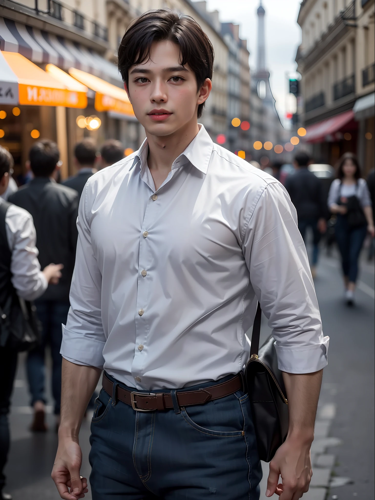 Boy, Happy, Perfect Quality, Clear Focus (Untidy - Home: 0.8), (Masterpiece: 1.2) (Realistic: 1.2) (Bokeh) (Top Quality) (Detail Skin: 1.3) (Intricate Details) (8K) (Detail Eye) (Sharp Focus), (Happy) Full Body, Clean Background, Long Field Composition, 85MM Shot, Muscles, Masculine,1boy, Paris streets,shirts