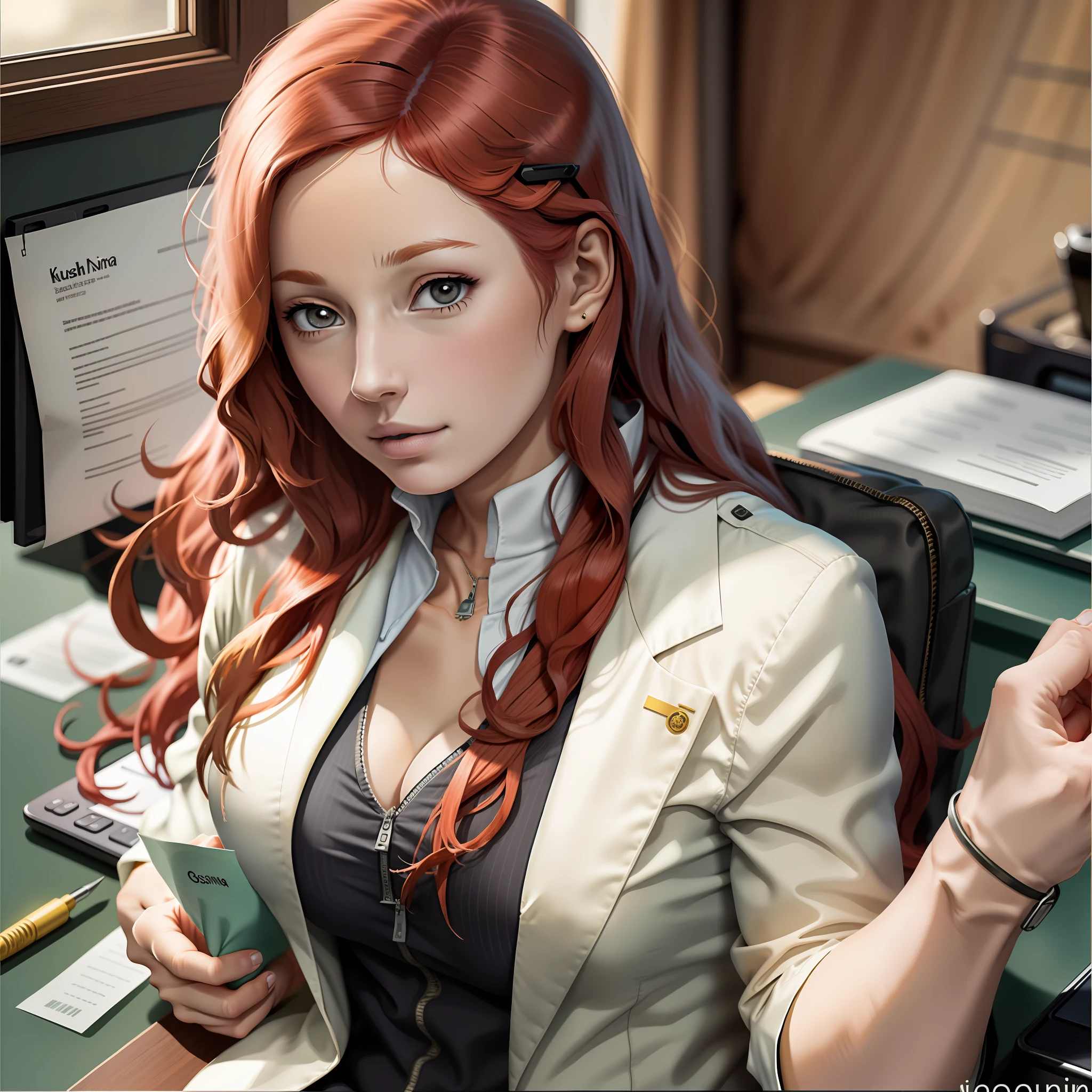 Kushina working in an office , olive and white suit , , holding papers , seductive , cleavage