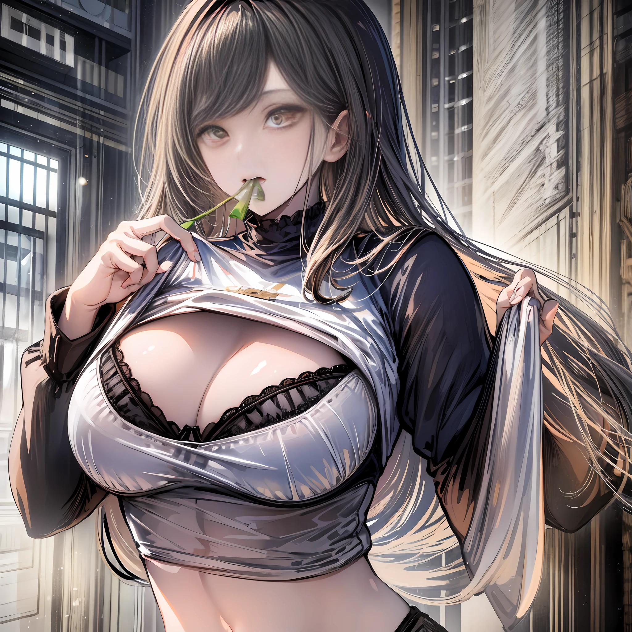 1girl, large breasts,clothes in mouth, cleavage, navel, t-shirt, ((bra)),clothes lift, shirt in mouth,,,