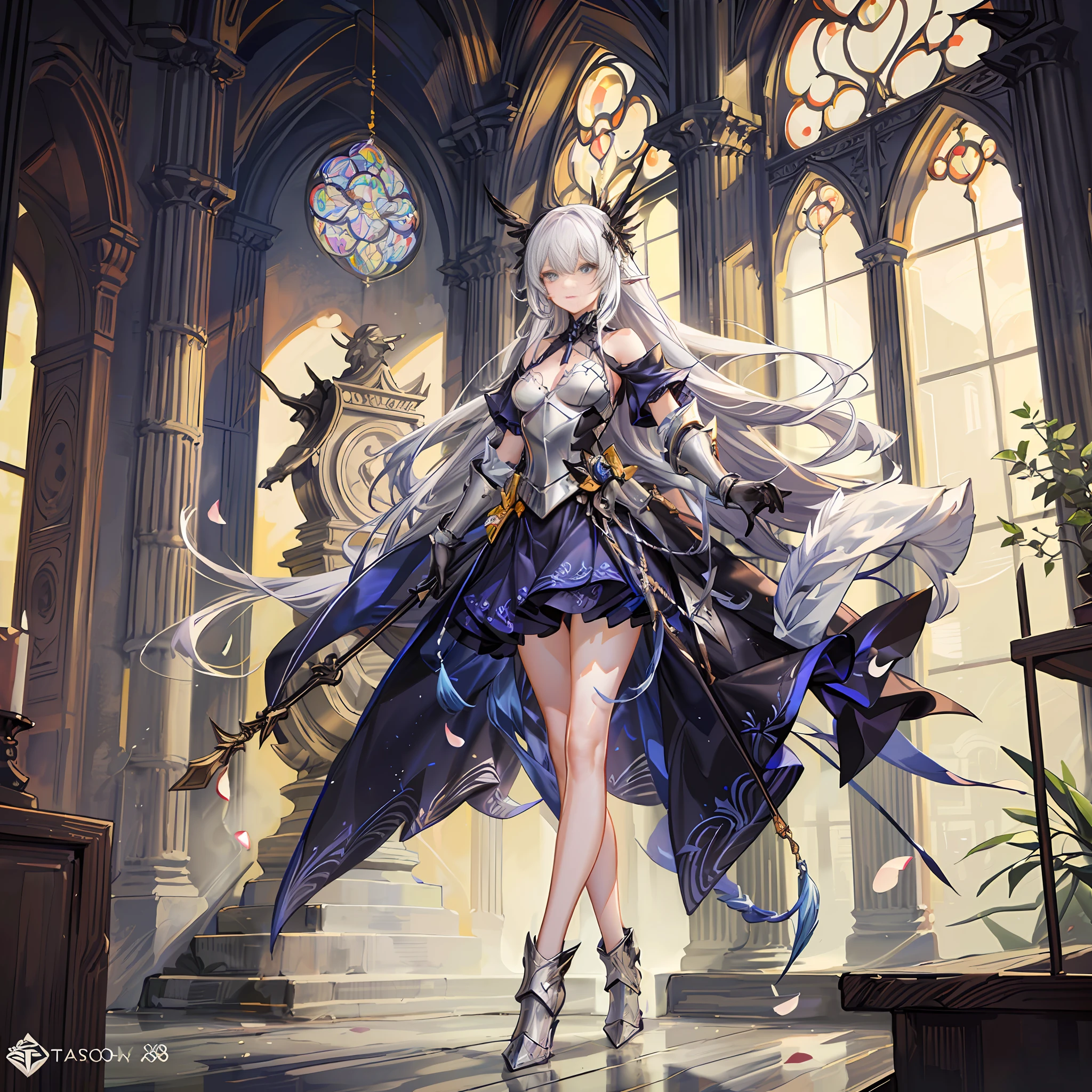 (best texture:1.4),(one woman:1.3),(20years old:1.3),(masterpiece), illustration,extremely fine and beautiful, 4K (8K),ultla highres,absurdres,intricate detailed,super fine illustration,(ink splash:1.3), (pencil drawing:1.1),(watercolor pencil2:1.3),perfect anatomy,correct anatomy,perfect proportion,perfect face,perfect hands,perfect legs,perfect fingers,perfect hands,A beautiful valkyrie wearing armor of intricate and delicate design is (walking in the courtyard of the cathedral:1.3), where flowers are in bloom under the moonlight.,She has a beautiful face and shining eyes of vivid colors.,She wears armor of intricate delicate and beautiful design. ,(The valkyrie's armor shines faintly in the moonlight.,) The serene courtyard of the cathedral, adorned with flowers., Detailed drawing., Vivid colors., High image quality,