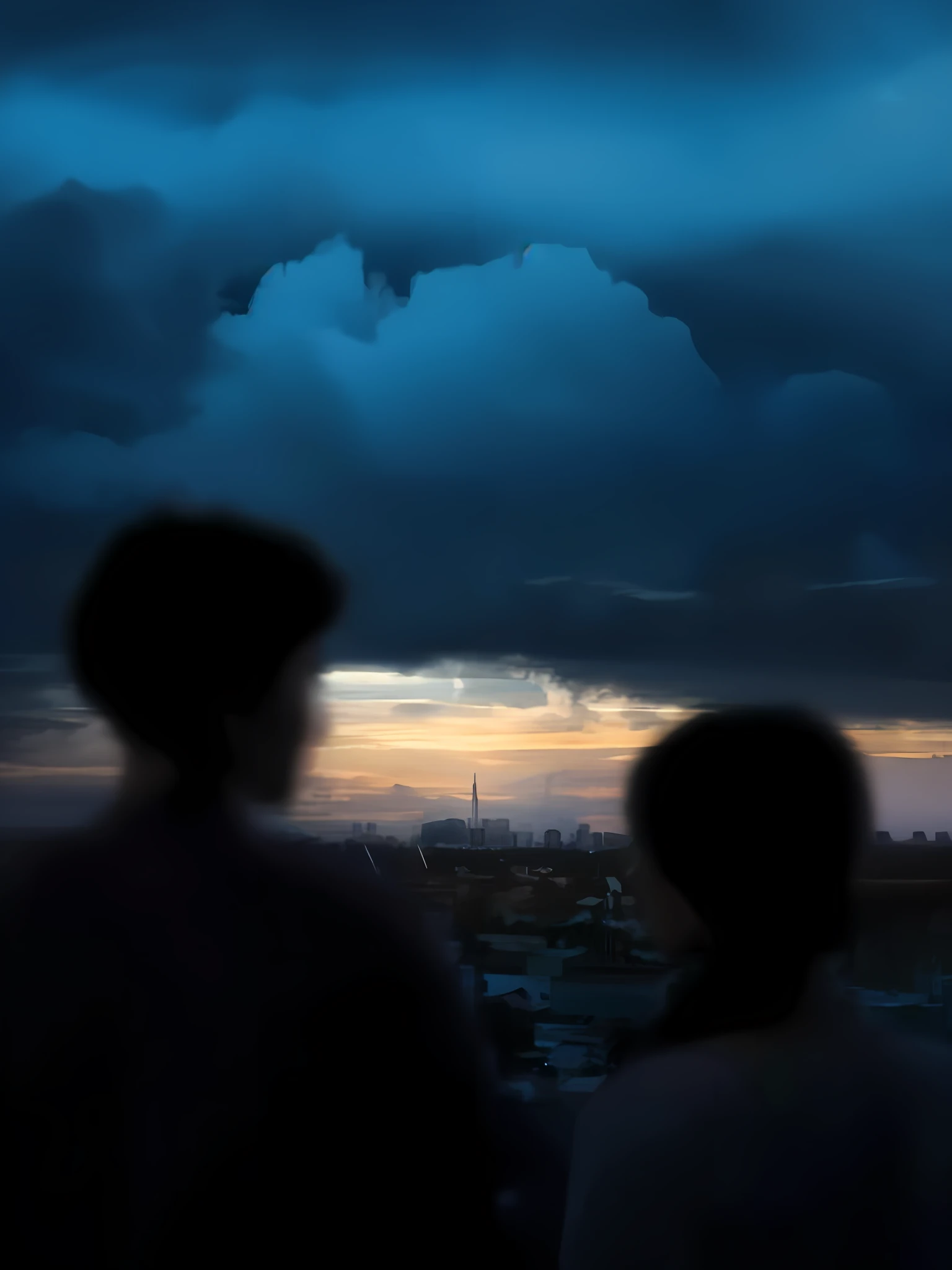 there are two people standing in front of a cloudy sky, with dramatic sky, dramatic cinematic shot, ominous photo, cinematic atmospheric photo, dramatic sci-fi movie still, in this ominous scene, cinematic movie still, ominous evening, ominous beautiful mood, ominous, cinematic film still, still from the movie the arrival, overcast!!! cinematic focus, ominous atmosphere
