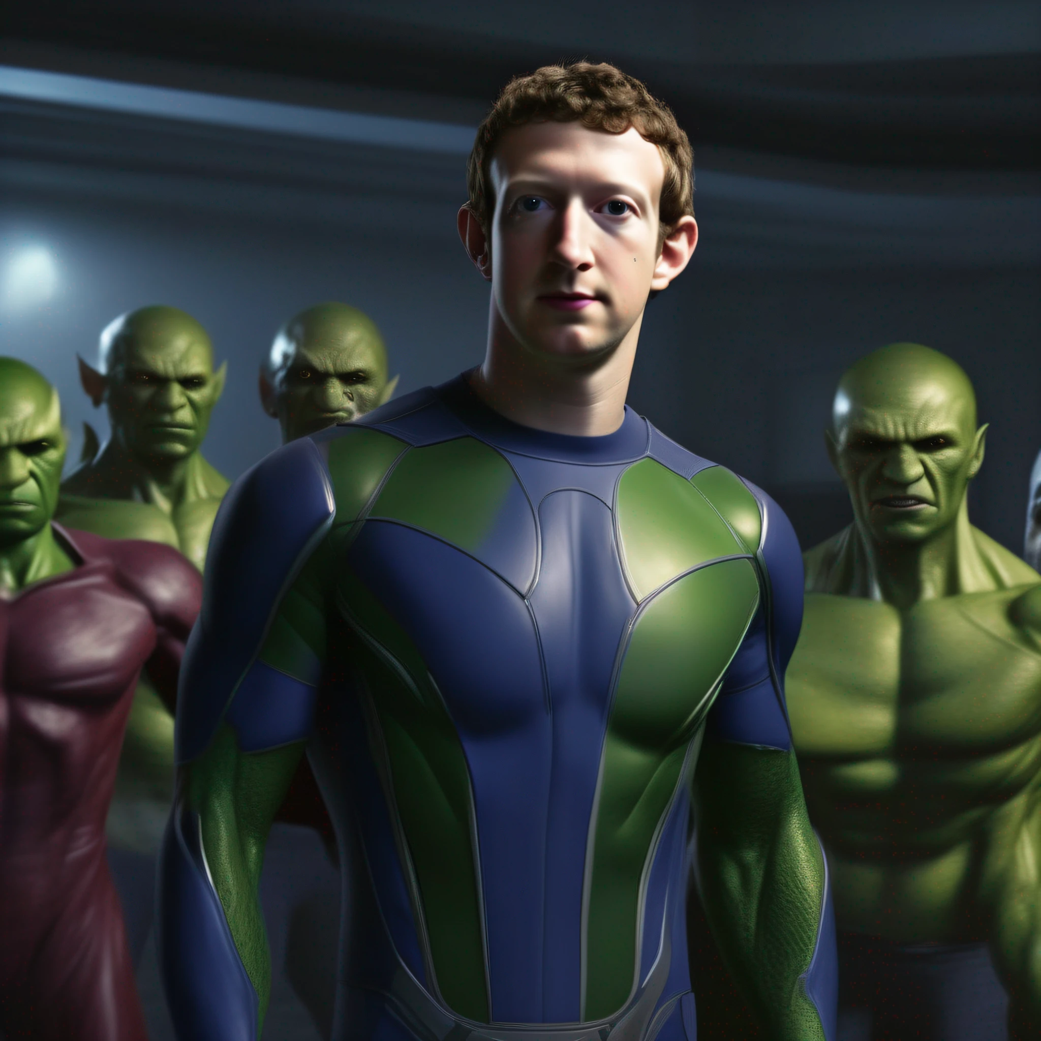 Mark zuckerburg on the secret invasion at the beginning of the skrulls war, photorealism, super sharp, (8k) Ultra High Quality,