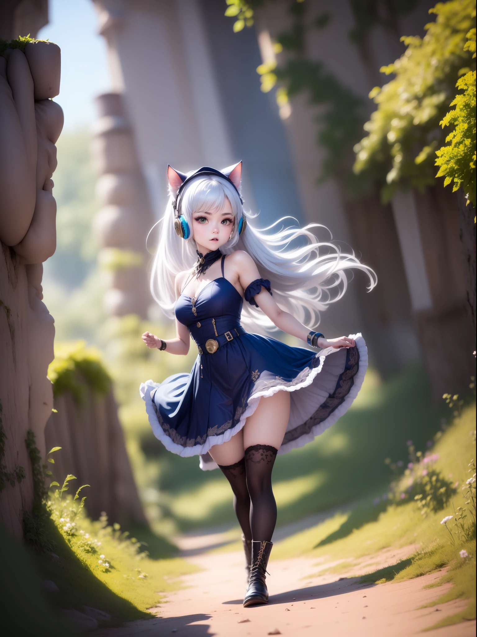 (Best image quality: 0.9), (Higher quality: 0.9), (Seven-dopard lens: 0.9), (Medium shot: 0.9), (Dancing girl: 0.9), (chestnut mouth: 0.9), (cat ears: 0.9), (Long hair: 0.9), (Silver hair: 0.9), (Qi bangs: 0.9), (Side braids: 0.9), (High ponytail: 0.9), (Curls: 0.9), (Shiny hair: 0.9), (Elf short hair: 0.9), Bandana, feather hair ornaments, bracelets, Collars, stud earrings, lace trim, ribbons, earmuffs, doll joints, (summer dress: 0.9), (maid outfit: 0.9), (tuxedo: 0.9), (pleated skirt: 0.9), (lace: 0.9), Lolita style, knitted hat, boots, (stockings: 0.9), (headphones: 0.9), hands behind, far view, (fighting stance: 0.9), (holding a gun: 0.9), autumn, (canyon: 0.9), (wasteland: 0.9), (castle: 0.9), (Fluorescent Mushroom Forest: 0.9), Art Nouveau, (Ambient Light: 0.9), (Cinematic Light: 0.9), Pixar animation, 8-bit gameplay
