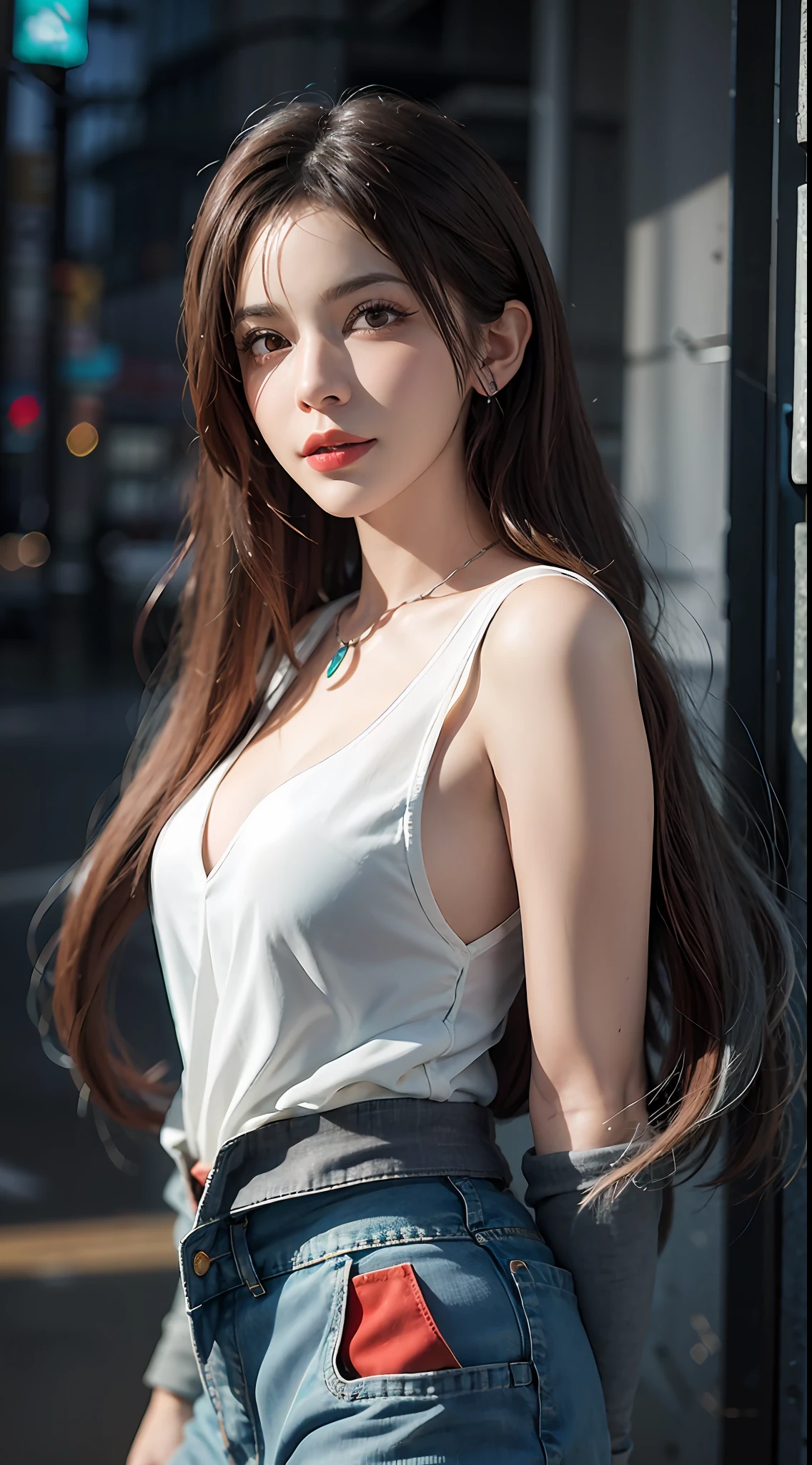 Urban beautiful girl college student, masterpiece, light makeup, red lips, silver hair, messy long hair, street background, beautiful, elegant. Ultra-fine details, master works, real texture, cinematic lighting realism, perfect work, 8k, HD, exquisite facial features, white tight open-cut top, transparent white tight shorts, slim figure, bright big eyes, smooth skin, earrings, necklace, tattoos