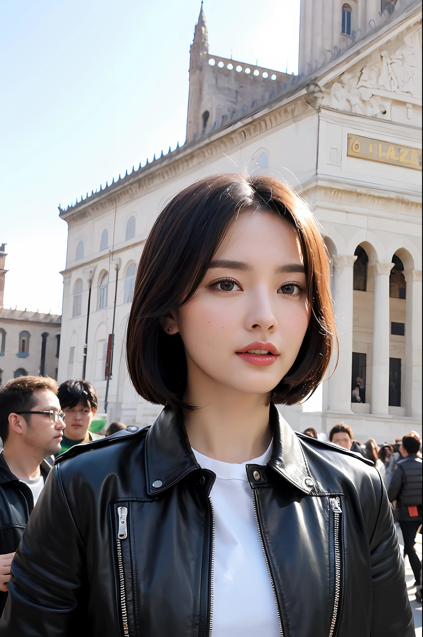 (8k:1.27), best quality, masterpiece, ultra highres:1.2) Photo of Pretty Chinese woman
 (beautiful:1.1),(Piazza dei Miracoli background,crowd),na (sci-fi warrior woman:1.1) space soldier,(leather jacket:1.21) intricate elegant, fantasy, detailed, ometric by greg rutkowski and alphonse mucha, gradient lighting