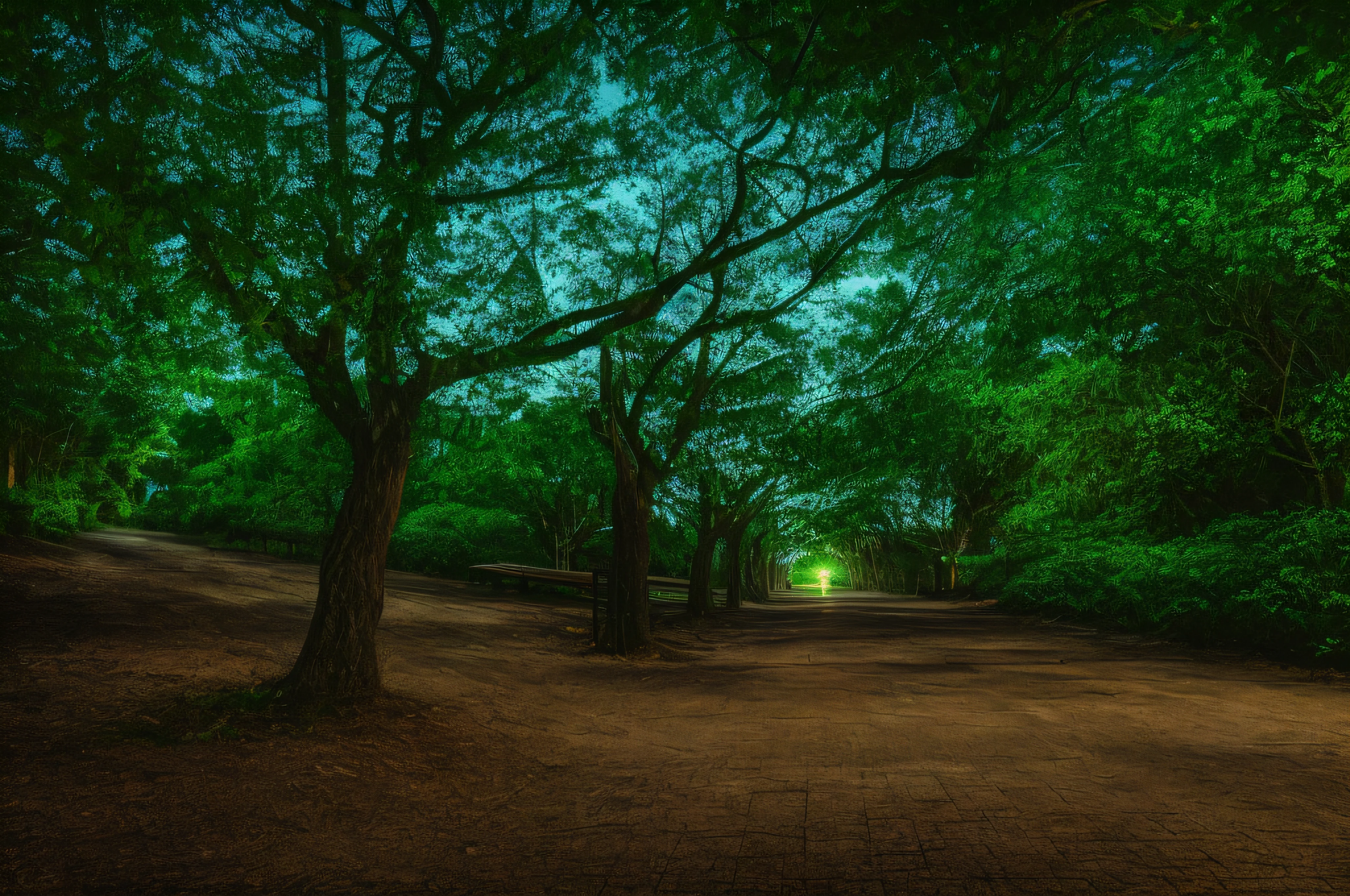 there is a street with trees and a bench in the middle of it, moonlit lighting, night time photograph, forest at night, city lights made of lush trees, night photo, moonlight through the trees, moonlight through trees, night forest, moonlit, moonlight lighting, moonlit night, nighttime!, paisible night lighting, in the woods at night