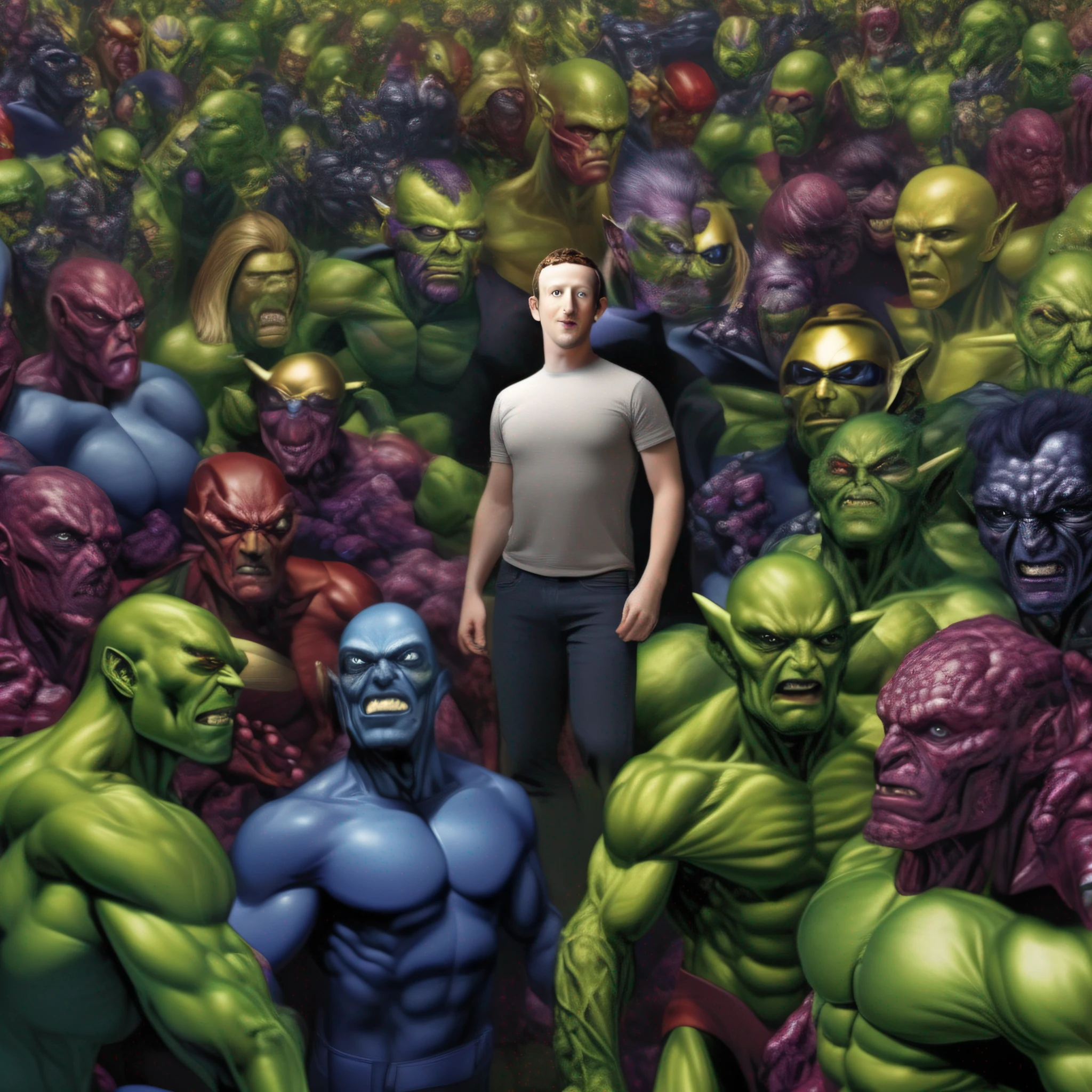 Mark zuckerburg on the secret invasion at the beginning of the skrulls war, photorealism, super sharp, (8k) Ultra High Quality,