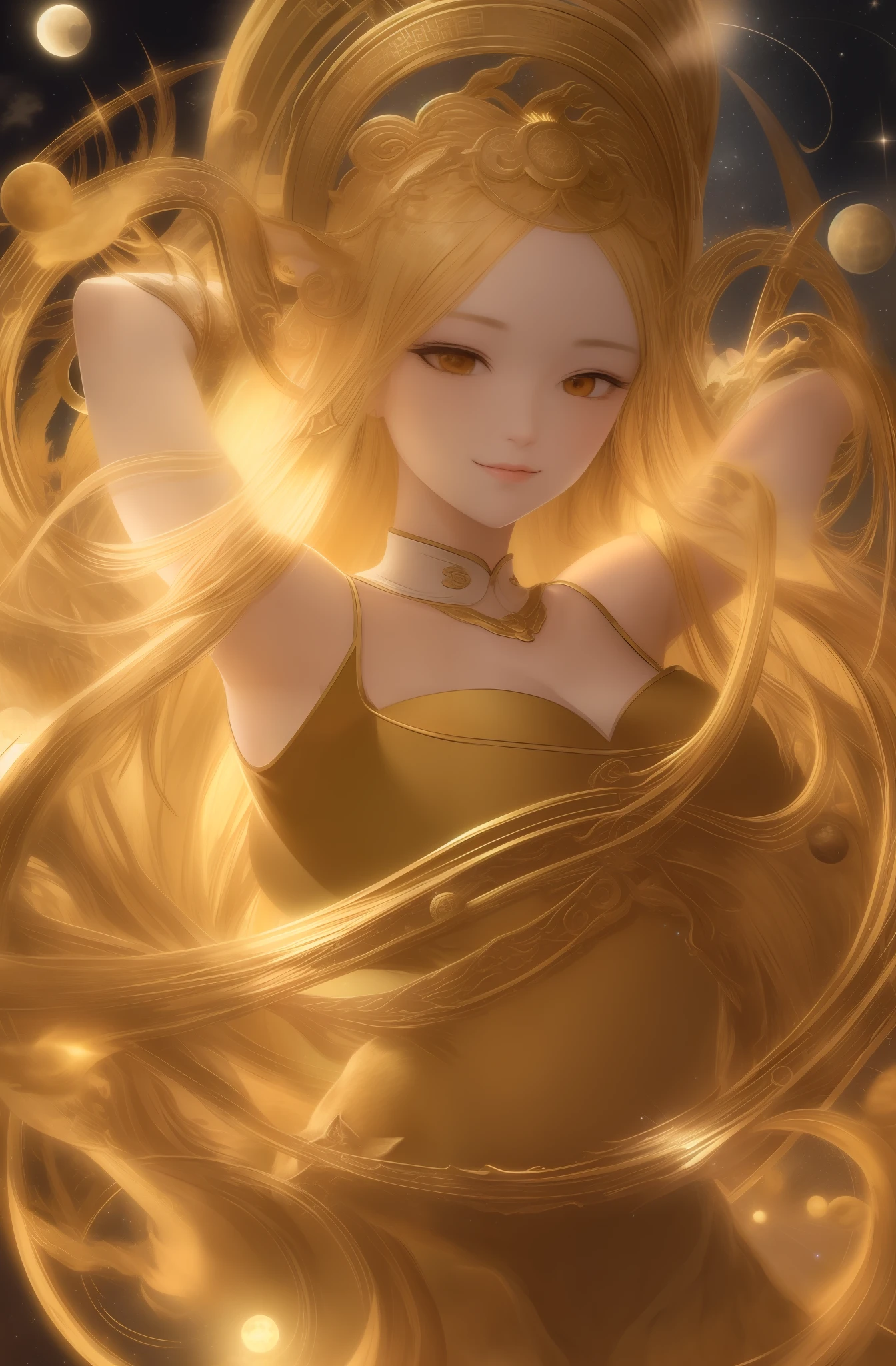 Deep in the starry sky, a golden fox, the left eye is the moon, the right eye is the sun, long and soft hair, behind the sun and moon combined circles like gods, ancient Chinese style, beasts and beasts