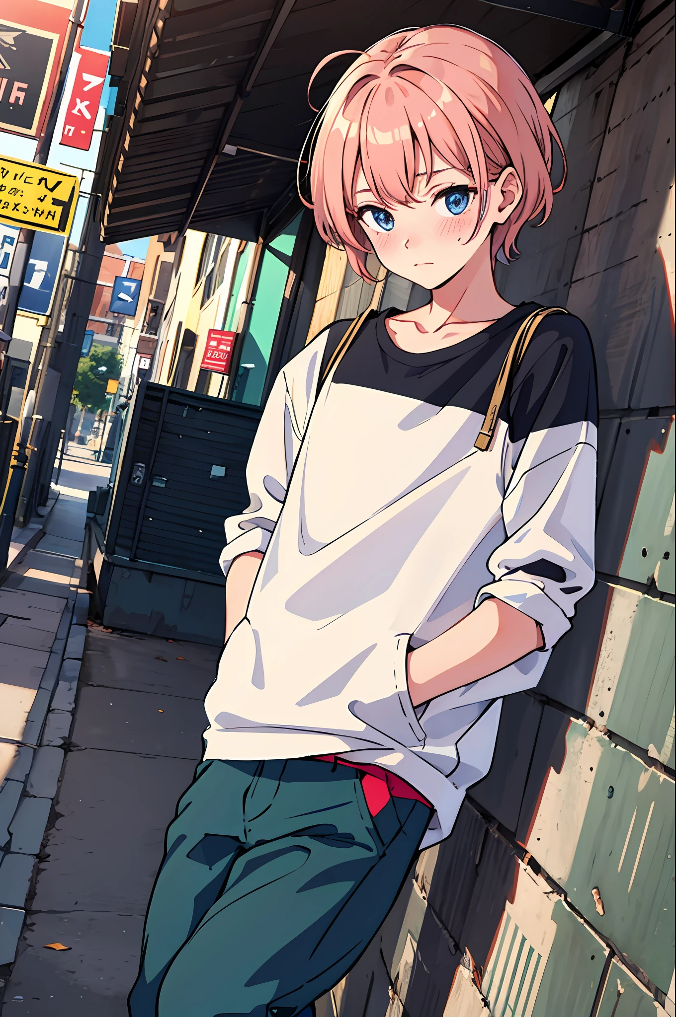 (beautiful and clear background),(street,wall,corner,),1boy,   ,fashion,,Black shirt,,hand in pocket ,,blush,pose, ,Look sideways ,, dutch angle,