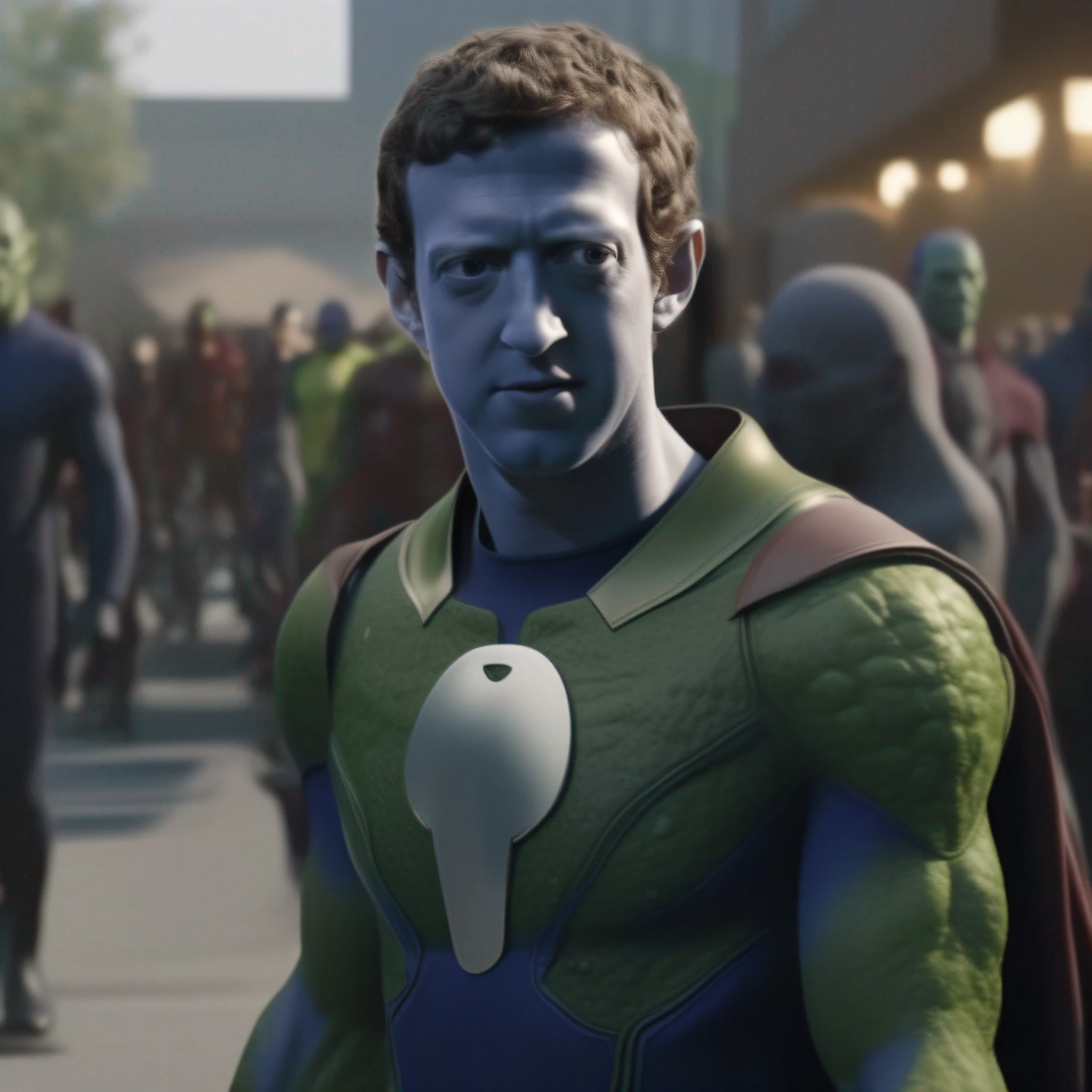 Mark zuckerburg on the secret invasion at the beginning of the skrulls war, photorealism, super sharp, (8k) Ultra High Quality,