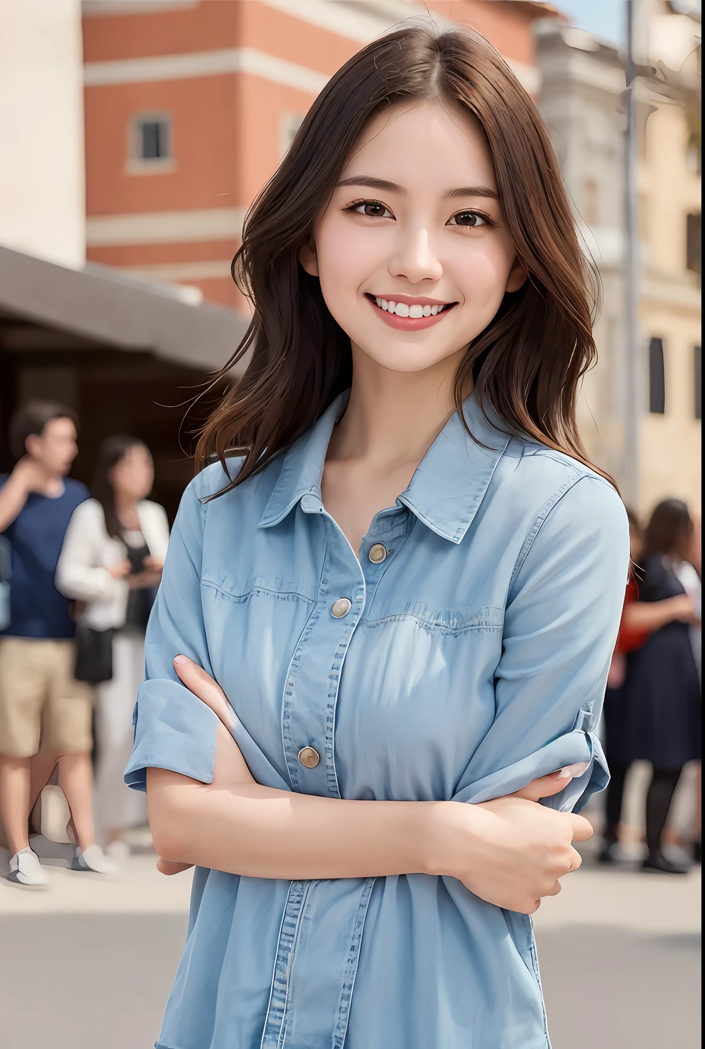 1girl, cute, 26 years old, smiling, look at viewer,(Piazza dei Miracoli background,crowd),navel, seifuku, photo, realistic, best quality, hires, detailed face, classroom, detailed background, diffused lighting, depth of field, bokeh