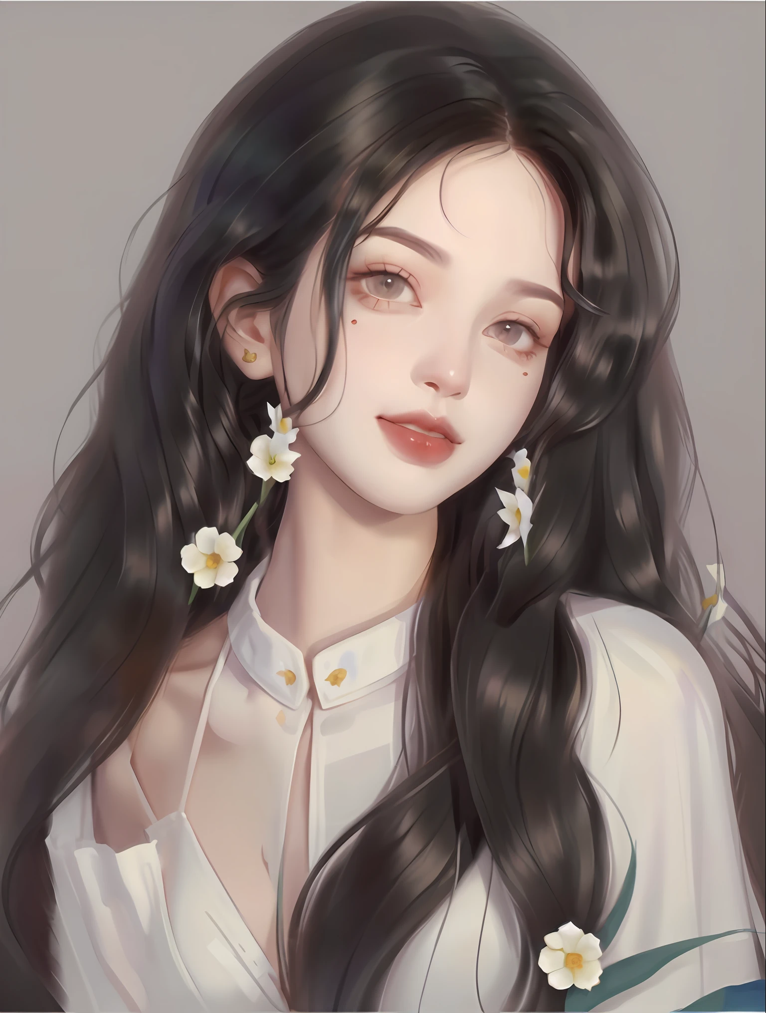 a close up of a woman with long hair and flowers in her hair, artwork in the style of guweiz, in the art style of bowater, kawaii realistic portrait, guweiz, beautiful anime portrait, digital anime illustration, inspired by Yanjun Cheng, by Yang J, detailed portrait of anime girl, cute portrait, soft anime illustration, anime style portrait