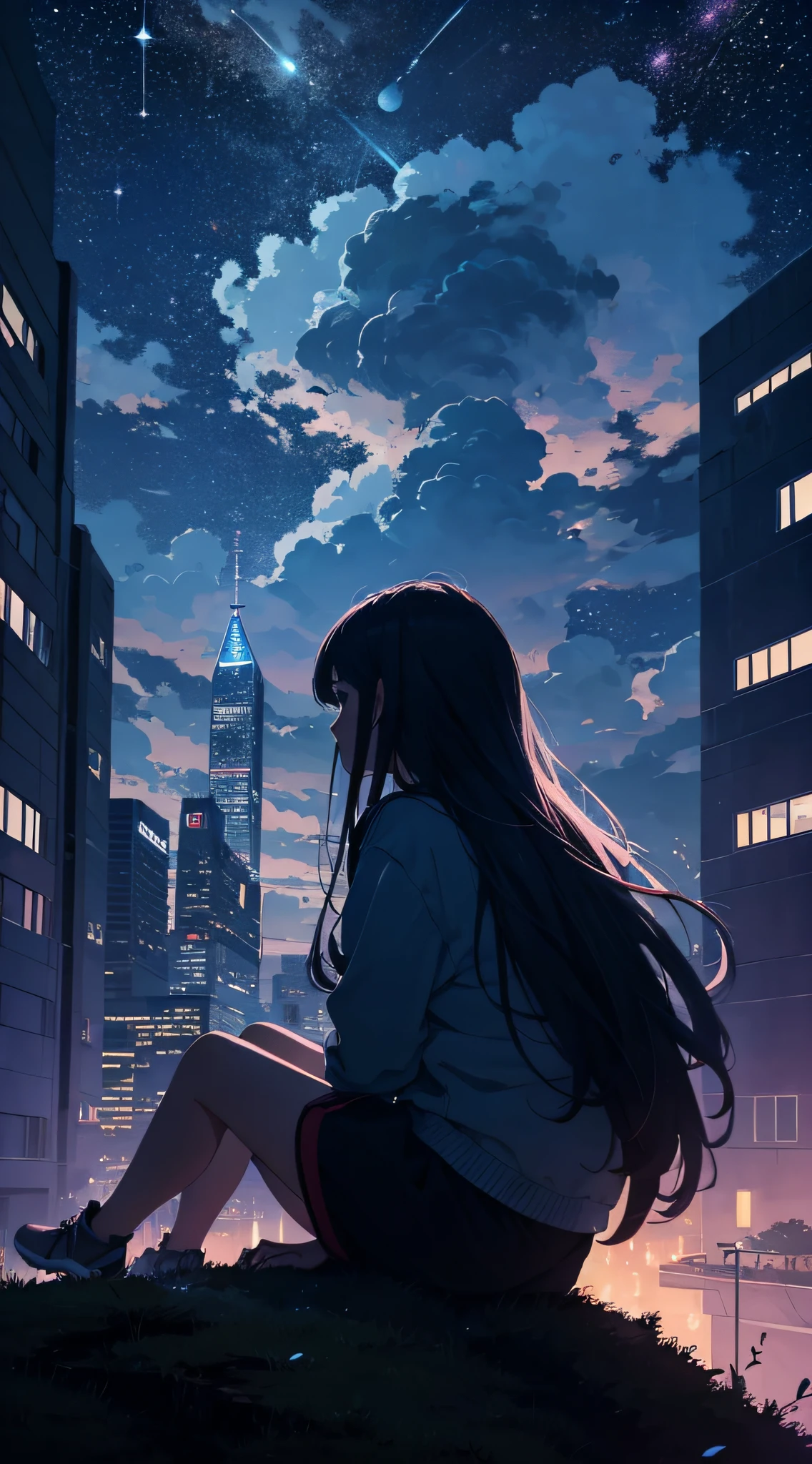 octans, sky, star (sky), scenery, starry sky, night, 1girl, night sky, solo, outdoors, building, cloud, milky way, sitting, tree, long hair, city, silhouette, cityscape