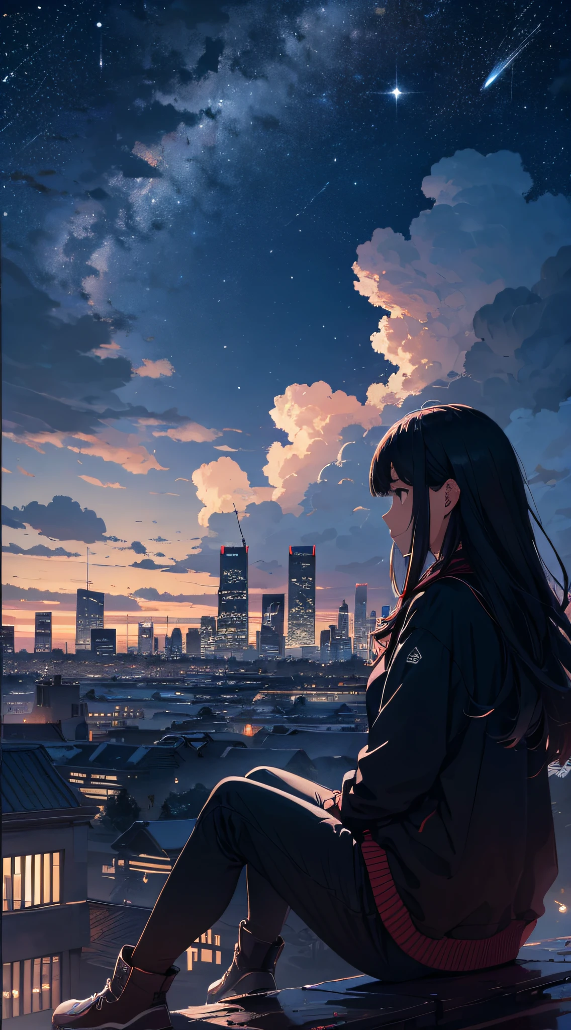 octans, sky, star (sky), scenery, starry sky, night, 1girl, night sky, solo, outdoors, building, cloud, milky way, sitting, tree, long hair, city, silhouette, cityscape
