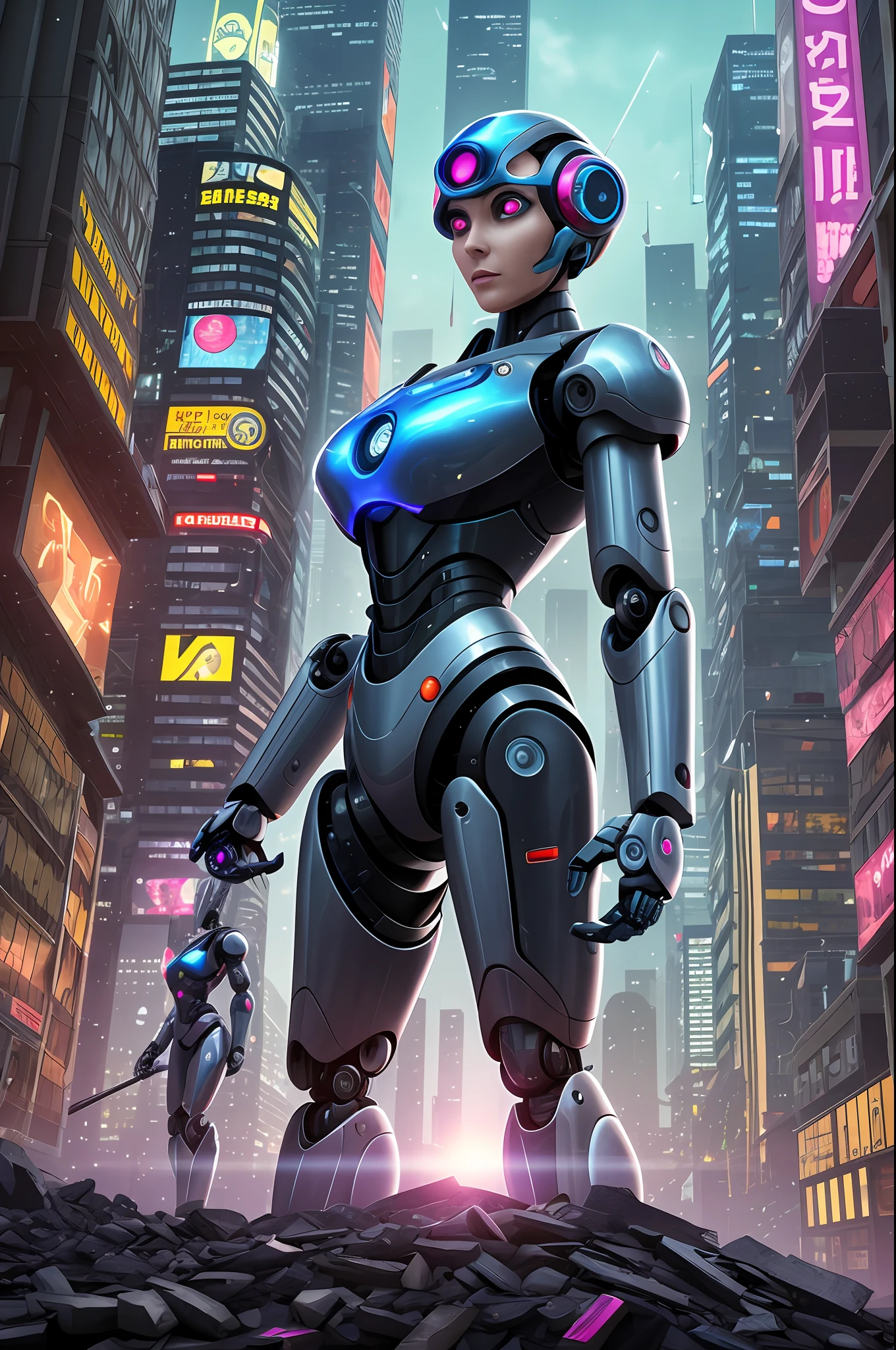 Close-up portrait of a cute cyberpunk street warrior, standing in a dark back alley, surrounded by hooligans, ready to fight, bright short pink hair, wearing black latex leotards, gloves, shoulder armor, she is ready to fight, sword in hand, tone and fit, street light, (backlight), realistic, masterpiece, highest quality, ((complex armor)), fantasy forest in background, orcs surrounding her, fantasy monster in background, night, darkness, ((excitement)), lens flare, shadow, bloom, (flash)), [chromatic aberration], Jeremy Lipking, Antonio J. Manzanedo, (Alphonse Mucha), digital painting, (Gothic: 1.2), (Enhanced Robot Body: 1.1), (Intricate: 1.2), (Cyberpunk: 1.2), (Blade Runner Style: 1.2), (Robot Joint: 1.1), (Robot Eyes: 1.2), (Perfect Face: 1.2), (LED Lighting: 1.2), (Smokey: 1.1), (Modeled after Ghost in the Shell: 1.2), (Mechanical, Hi-Tech Background: 1.4), in the high-tech world of cyberpunk, Female robots and mechanical devices are common elements. Here is a writing tip on this topic:

1. Background setting:
Build a cyberpunk world with highly developed technology in the future. Describe a cityscape full of high-rise buildings, busy streets, and cool tech devices. In this world, female robots and mechanical devices are ubiquitous in all fields, from labor to recreational presence.

2. Appearance and function of female robots:
Describe the physical features of a female robot, which can be a crystal clear metal shell or a synthetic material that mimics the skin color of a human body. Emphasize their high-tech characteristics, such as their ability to think, learn and express their emotions on their own.

3. Application of mechanical devices:
Depict various application scenarios of mechanical devices. They can be personal care assistants with massage, bathing and beauty functions; It can also be a domestic helper, taking on the role of housework or caring for the elderly and children; It can even be a weapon of war, with high mobility and powerful firepower.

4