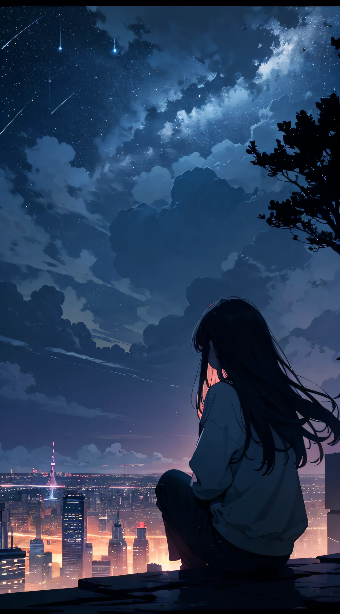 octans, sky, star (sky), scenery, starry sky, night, 1girl, night sky, solo, outdoors, building, cloud, milky way, sitting, tree, long hair, city, silhouette, cityscape