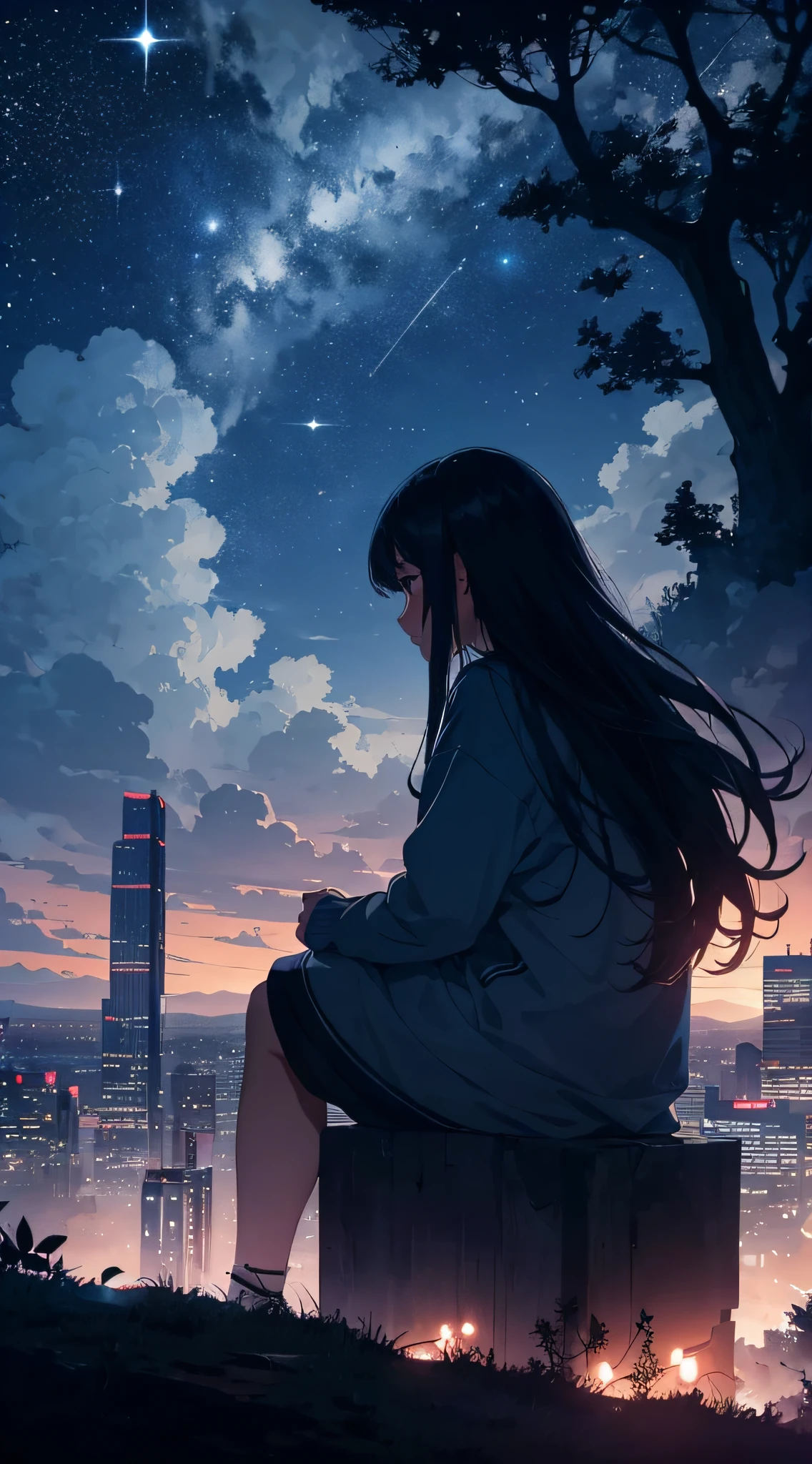 octans, sky, star (sky), scenery, starry sky, night, 1girl, night sky, solo, outdoors, building, cloud, milky way, sitting, tree, long hair, city, silhouette, cityscape