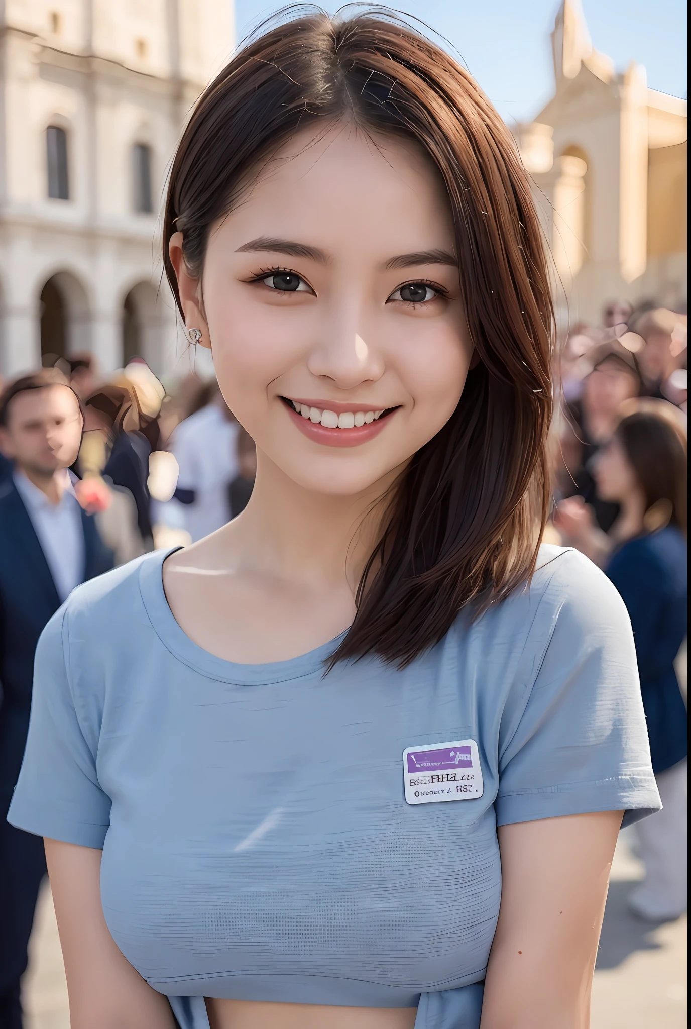 1girl, cute, 26 years old, smiling, look at viewer,(Piazza dei Miracoli background,crowd),navel, seifuku, photo, realistic, best quality, hires, detailed face, classroom, detailed background, diffused lighting, depth of field, bokeh