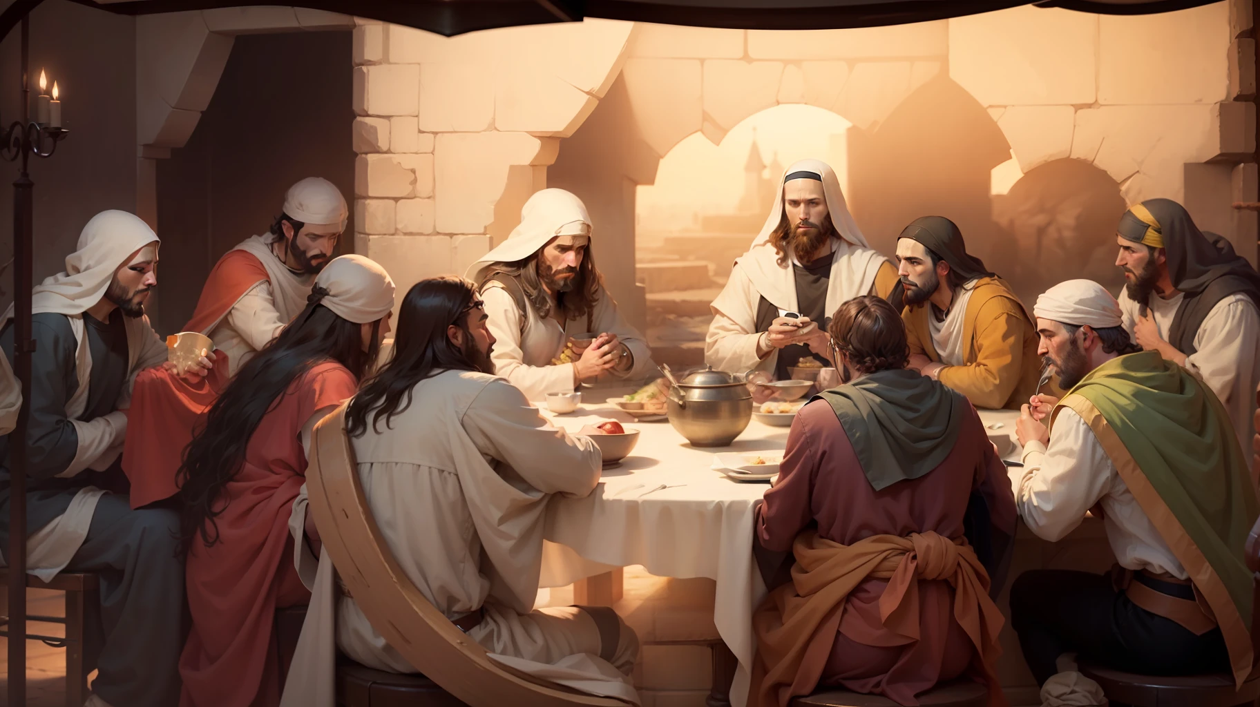 Jesus and the disciples at dinner, biblical illustration, epic biblical representation, super realistic image, cinematic lighting, beautiful representation, realistic, 4k, hdr