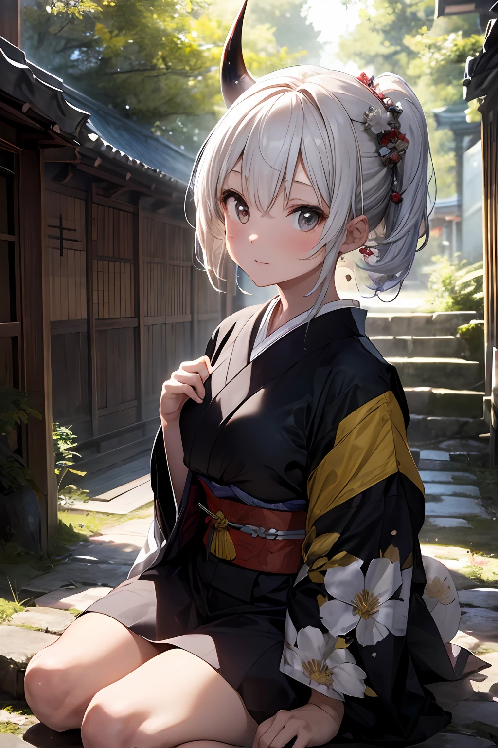 ((((masterpiece)))), high quality, very_high_resolution, 1girl, {{oni}}, ((horn)), ((white hair)), {{kawaii}}, face, drunk, furisode, gradient kimono, kanzashi, hair ornament, sitting, leaning back, sake, ((forest)), ((japanese shrine)), flagstone, fog, wind, ((dappled sunlight)), white, ((looking at viewer)), close-up