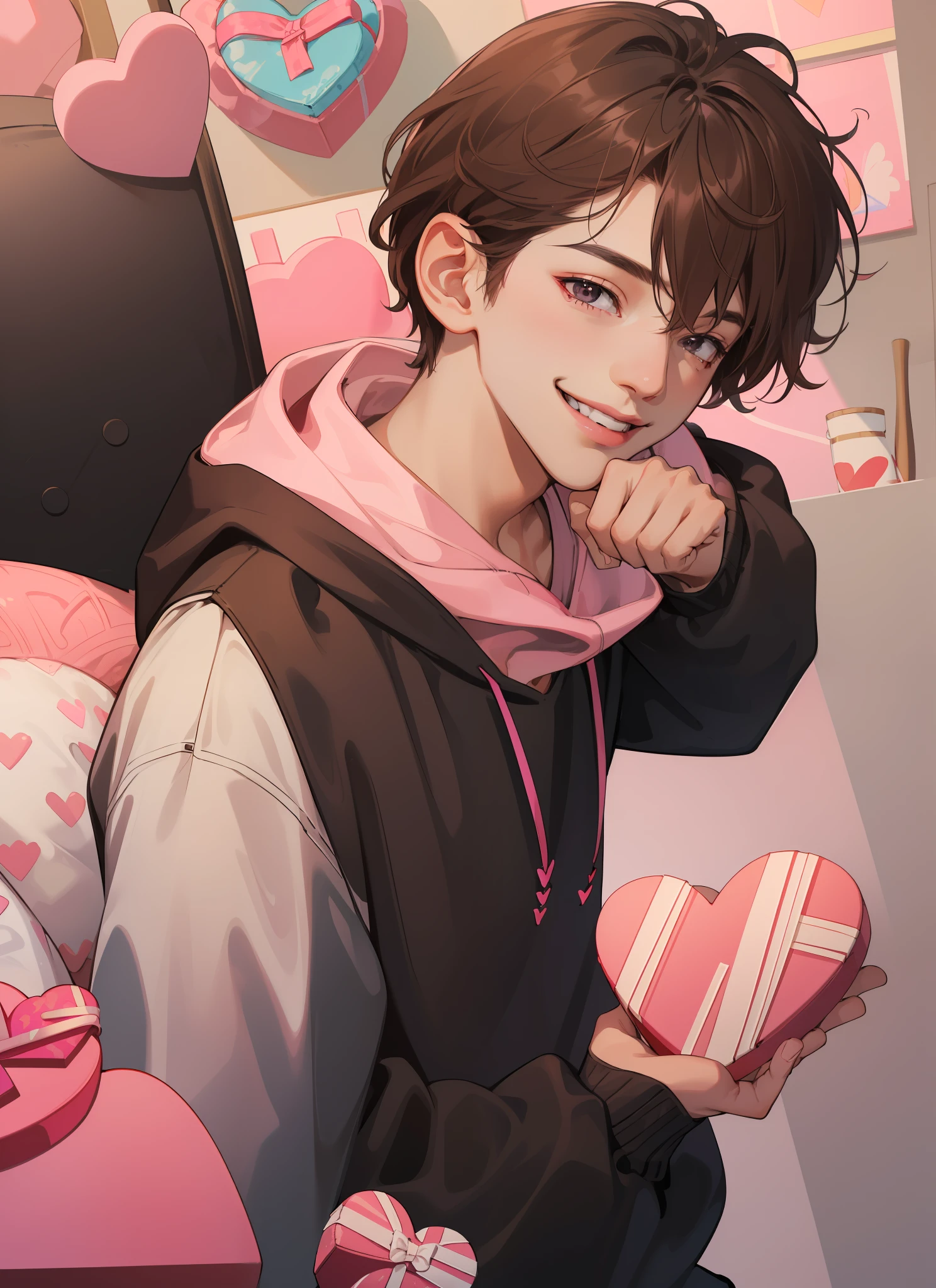 absurdres, highres, ultra detailed), 1boy, adult, tall, broad shoulders, small waist, finely detailed eyes, intricate details, detailed background, detailed face, bright amostphete, ((pink valentine bakery:1), short brown hair. doe eyes, dark brown eyes, smiling, (dutch angle), casual clothes, big hoodie (black, pink), short hair, solo