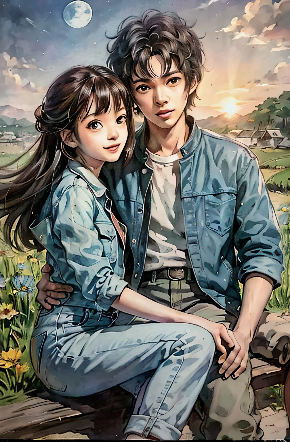 anime couple sitting on a bench in a field of flowers, lovely couple, high quality fanart, couple pose, beautiful drawing style, cute art style, anime cover, manhwa, artwork in the style of guweiz, detailed fanart, trending on artstration, photorealistic!!!!!!! art style, in anime style, boy and girl, cute detailed artwork