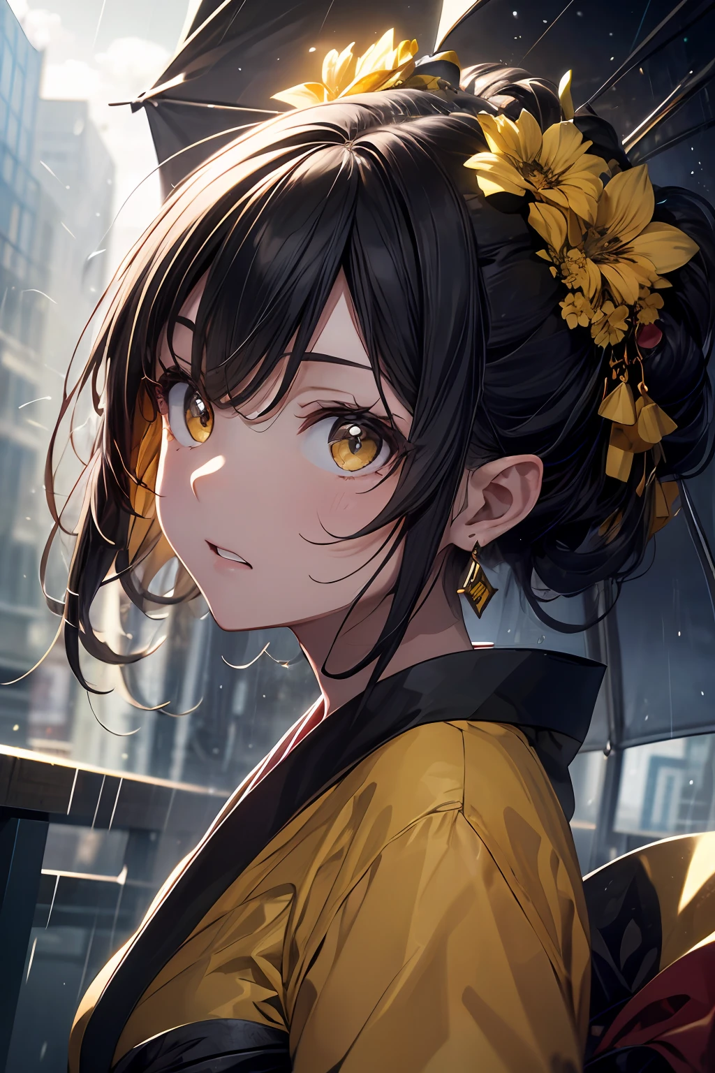 long yellow hair, pointy ears, yellow eyes, all black Japanese kimono robes with yellow flowers on it, black earrings, black decorations on head, beautiful detailed eyes, beautiful detailed face, beautiful detailed hair, detailed kimono, detailed face, detailed eyes, yellow storm background, yellow lighting in background, (yellow thunder), masterpiece, best quality, extremely detailed cg unity 8k wallpaper, high-quality, ultra-detailed, depth of field, illustration, beautiful detailed wallpaper, best quality, best anatomy, adult woman, mature woman, falling rain, angry expression, stormy clouds in sky, yellow dynamic lighting, detailed dynamic lighting