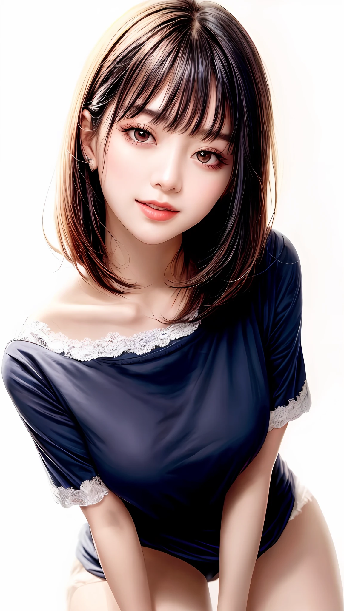 Pee (incontinence: 1.47), fashion trendy beautiful and attractive woman, gentle and attractive Chinese beautiful woman, Korean (kpop idol), delicate and sexy collarbone, attractive oval face, double eyelids, smart [peach] flower eyes, pink lips, small nose, bare shoulders, focus on face, [[face close-up], ultra high definition, super detail, White off-shoulder lace shirt, (((white lace panties), fresh and impressive, natural (large: 1.25), (kneel on the ground), (legs wide open), (legs spread), (from a low angle), (upright 1.5), (shiny skin: 1.4), (low angle)), perfect figure, areola, cleavage, armpit wrinkles, (floor urine)), (NSFW: 1.05), ( Showpiece, top quality, high precision)), one girl, (big, photorealistic: 1.4), (slightly above the camera, looking up at the camera, looking up, looking up at the camera, staring at the camera))), solo, solo, white background, snow-white background, mouth closed, happy smile, pretty black hair, short hair, big eyes, pronounced double eyelids, eyelashes, ears out, long neck, long neck, Absolute area, ((close-up of face, short hair with bangs)), 19 years old, attractive proportions, shiny skin, clean collarbone, golden ratio face, perfect face, teardrop mole, chest mole, bangs, clean bangs, beautiful bangs, lip gloss, thin lips, white skin, undressed, big breasts, small face, staring at the camera a little upwards, ((smiling a little at the camera, really nothing pure white background, very big, big big, big breasts)), ((((uniform, shirt))))