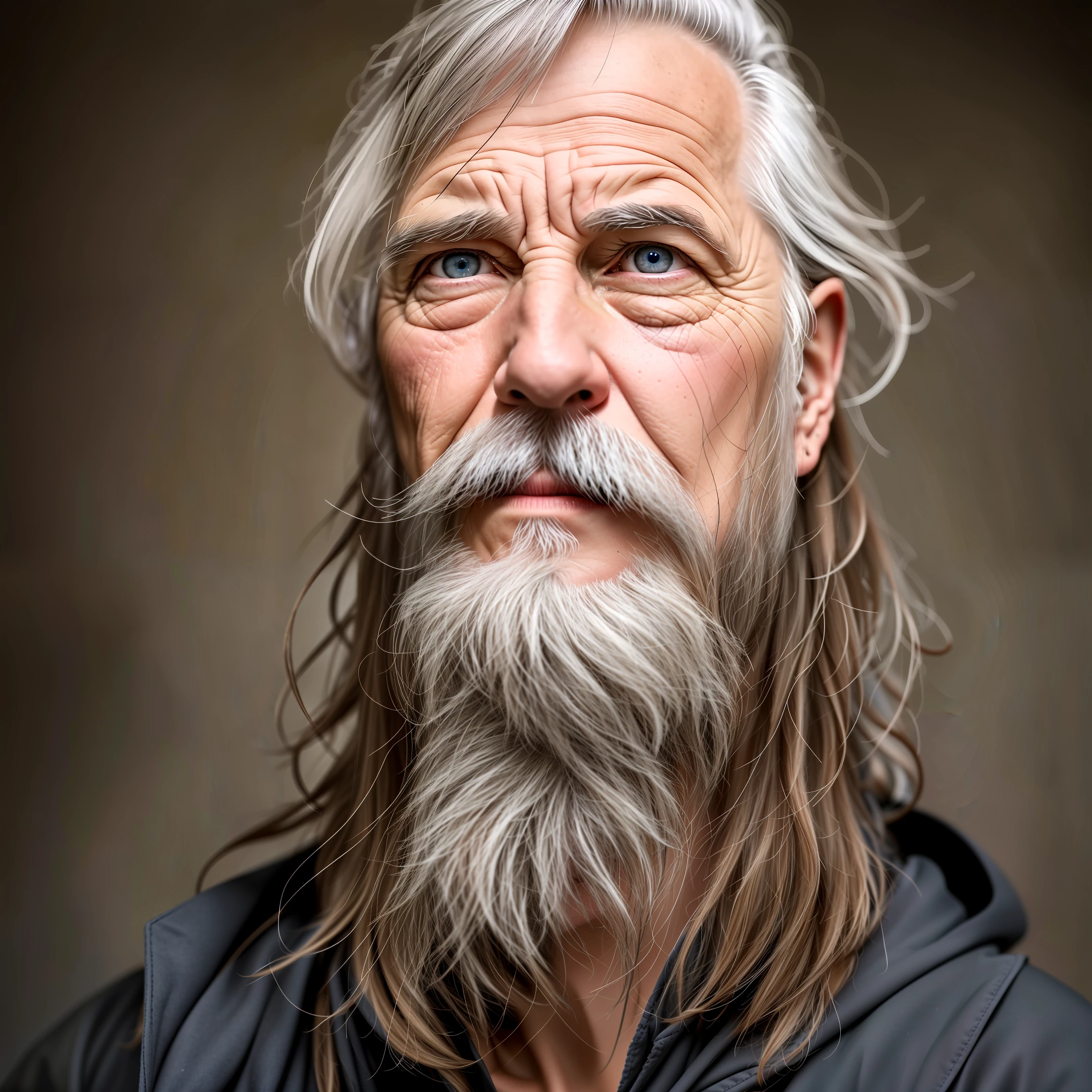 A portrait of a wizard, bearded, wrinkled, weathered, with piercing eyes, detailed face, high details, photography, dark studio, rim light, Nikon D850, 50mm, f/1.4