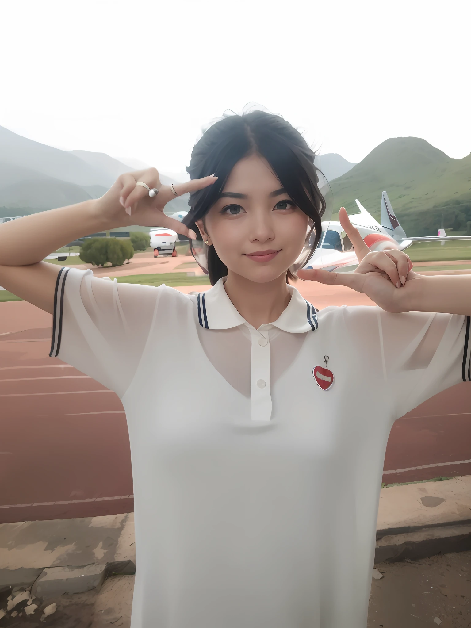 There is a woman standing on the runway with her hands Biye, the best quality, 8k, her face is exactly the same as the person in the photo, exactly the same, although she is smiling happily, but there is a little melancholy in her eyes, optimized hands, naked
