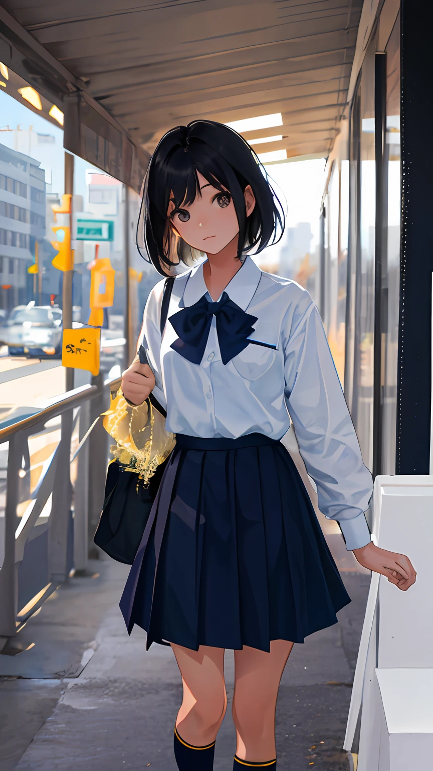 A girl, black hair, looking at the camera, wearing a school uniform, high quality, details