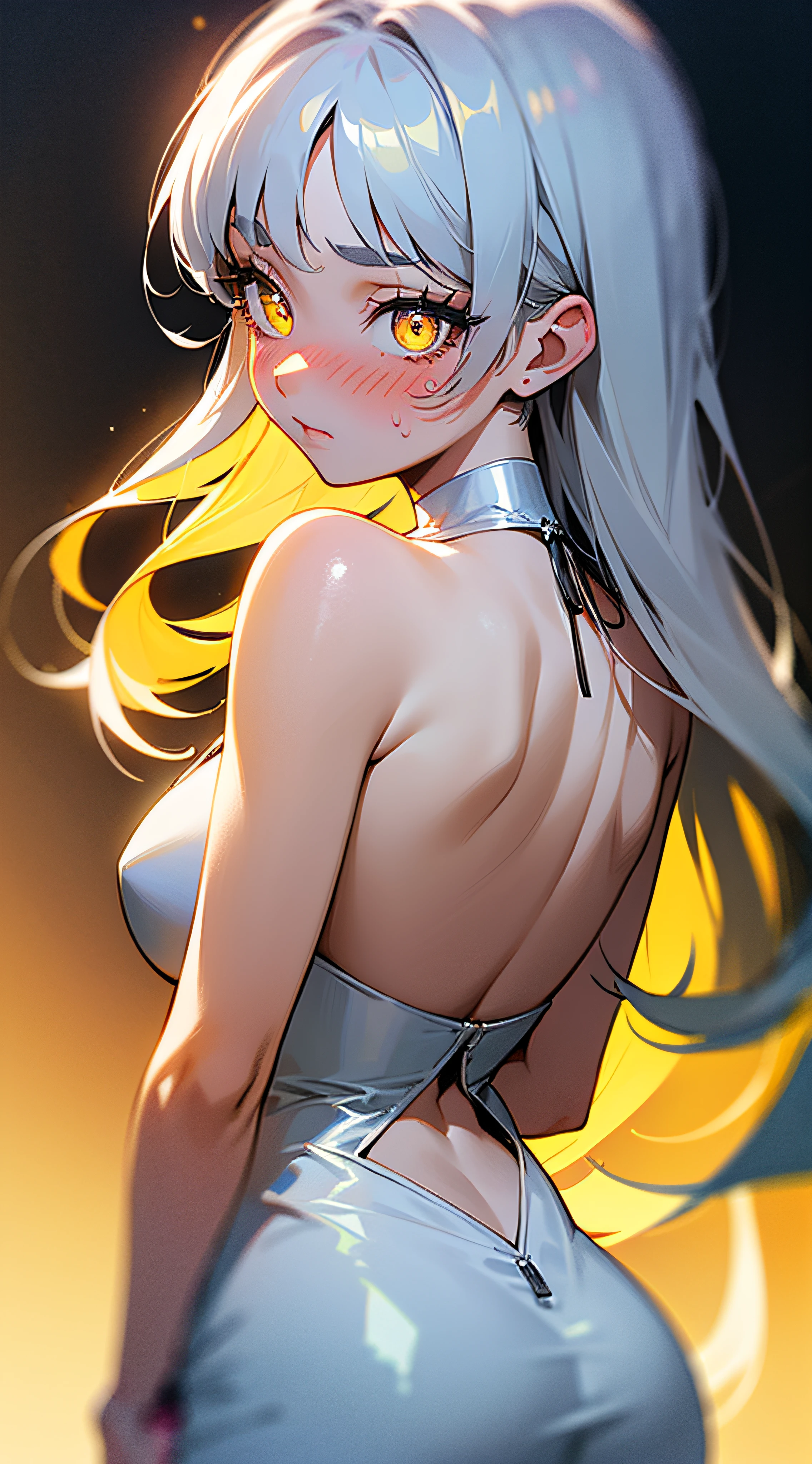 Bedroom background, BREAK 1girl, solo, depth of field, woman, backless silk dress adult, night, reality, silver hair, yellow eyes, ((full-face blush))), ((heavy eyelashes)), (glowing pupils), white_skin, mature_female, medium breasts, (((turnred face))) long straight hair, seen from behind, back focused, portrait