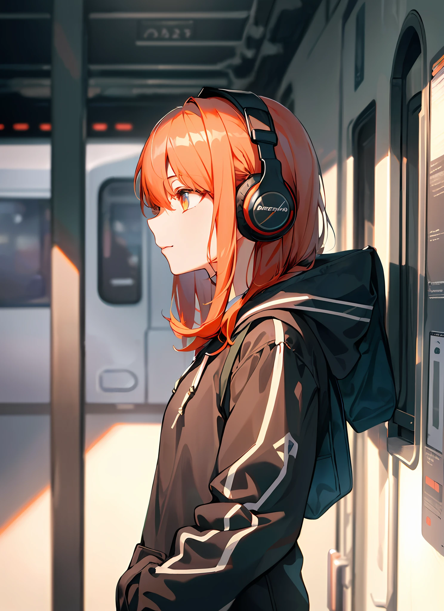 (masterpiece, sidelighting, ultra-detailed, finely detailed beautiful eyes: 1.2), 1girl, bag, building, from side, headphones, hood, hood down, hooded jacket, hoodie, jacket, long hair, orange hair, profile, red hair, solo, train, train interior, upper body, Masterpiece, best quality