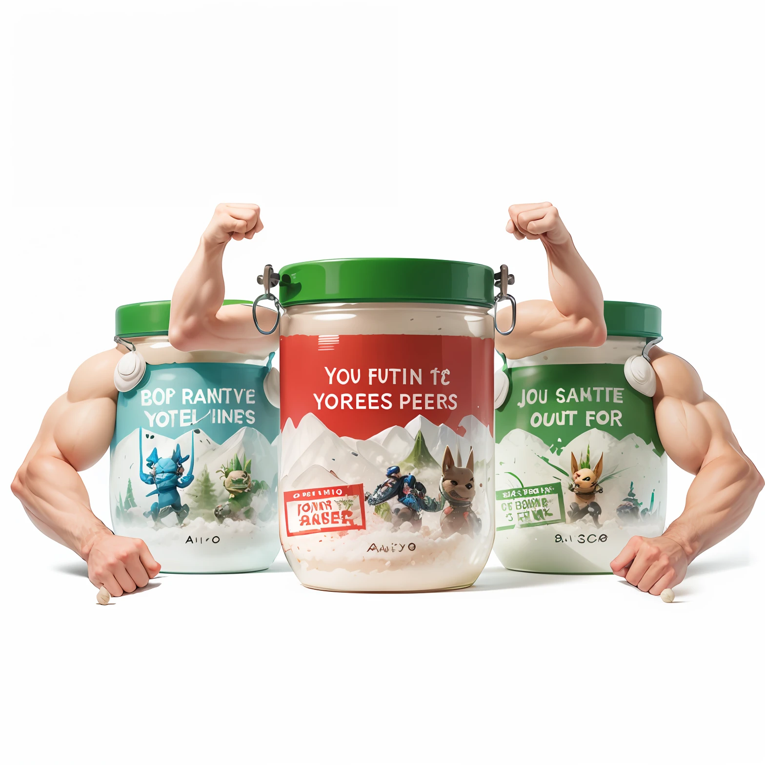 3 character jars showcasing their muscles with green background