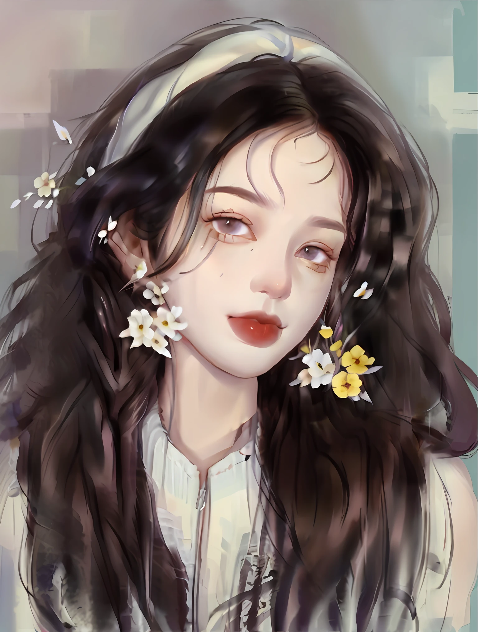 painting of a woman with flowers in her hair, artwork in the style of guweiz, in the art style of bowater, guweiz, detailed portrait of anime girl, cute portrait, beautiful anime portrait, digital anime illustration, kawaii realistic portrait, beautiful digital illustration, by Yang J, realistic cute girl painting, guweiz masterpiece, beautiful character painting