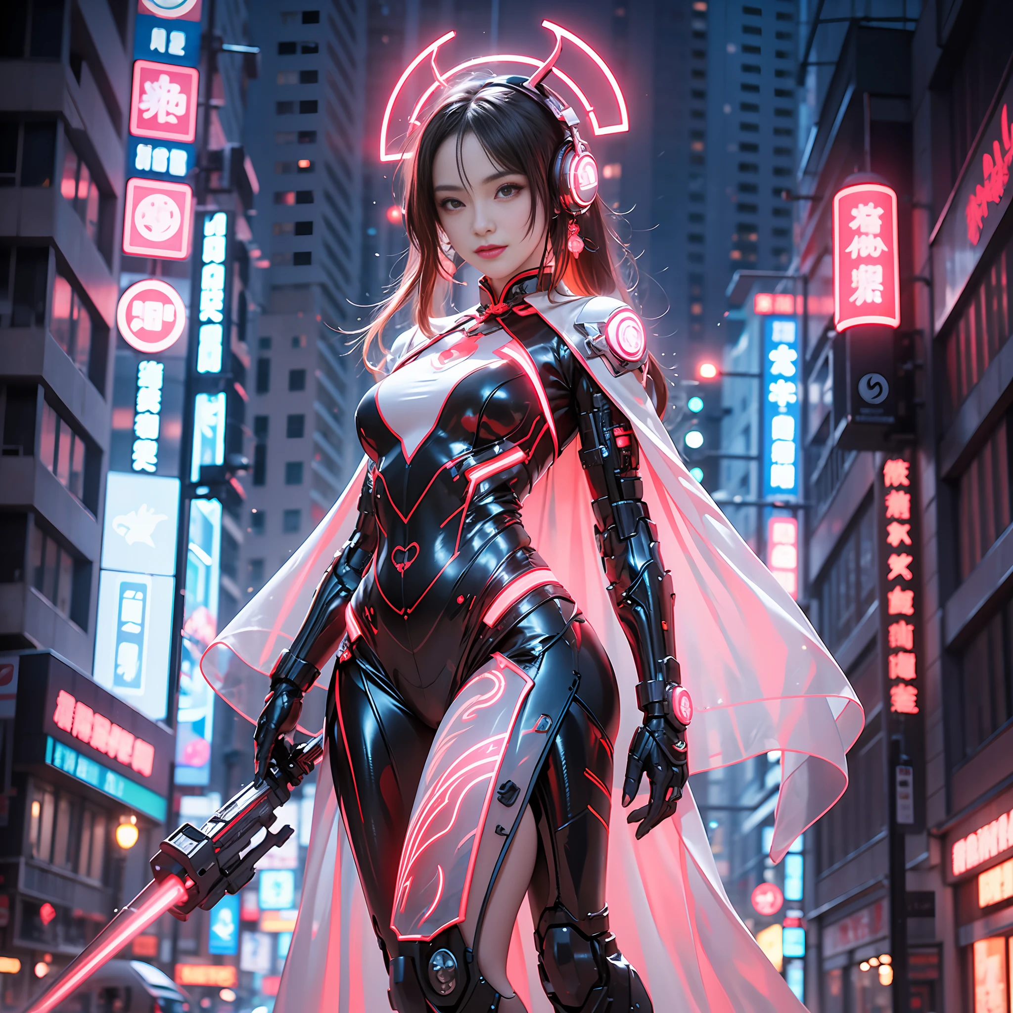 1 girl, Chinese_clothes, metallic black titanium and pink, cyberhan, cheongsam, cyberpunk city, dynamic pose, detailed luminescent headphones, luminous hair accessories, long hair, luminous earrings, glowing necklace, cyberpunk, high-tech city, full of mechanical and futuristic elements, futuristic, technology, glowing neon, pink, pink light, sexy skirt, translucent black cape, laser light, digital background urban sky, big moon, with vehicle, best quality, masterpiece, 8K, Character edge light, super high detail, high quality, the most beautiful woman in human beings, smile, face facing front and left and right symmetry, ear decoration, long antenna glow, beautiful pupils, light effects, visual data, silver-red-orange hair dyeed hair, ultra-detailed facial texture, happy, weapon system, crowded street passers-by, mecha style, head-mounted luminous antenna, jet, full body, (sexy).