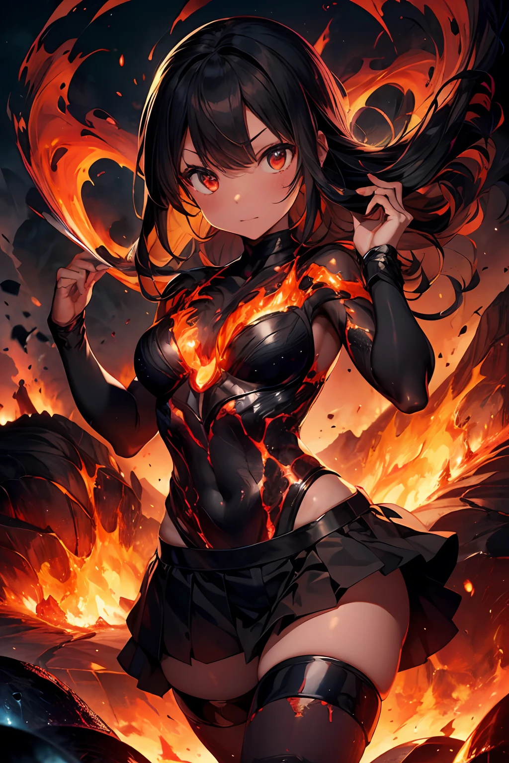 lava spirit girl, (lava skin:1.4), (lava body:1.4), (flame hair), lava background, (hexagonal art),