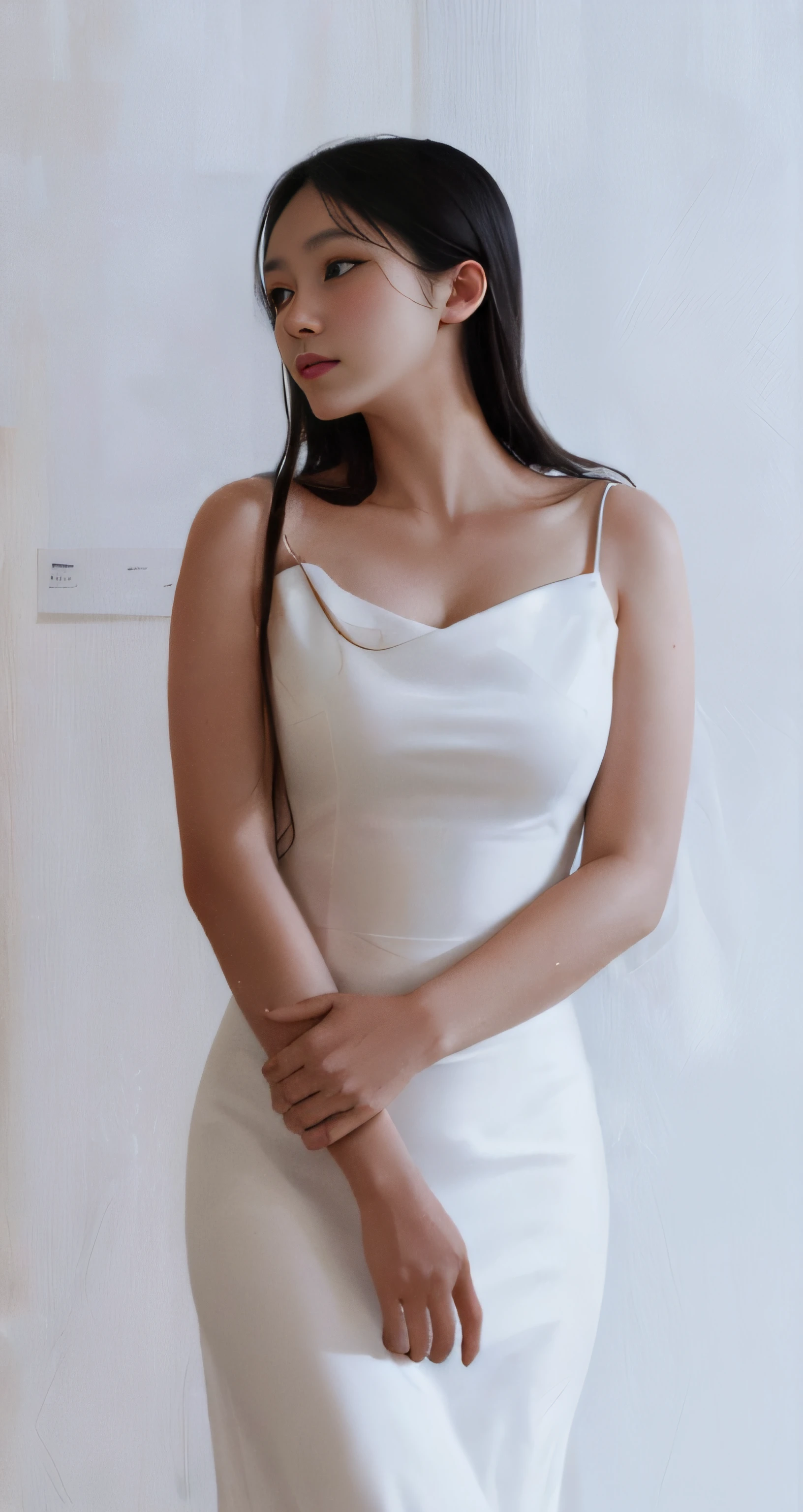Korean sexy woman in white dress standing in front of a painting, girl in white dress, dancing in white dress, white dress, white silk, in art gallery], wearing white flowing dress, wearing cute white dress, Nico in white dress, soft silk dress, wearing white long dress, in the gallery, big eyes, watery big eyes
