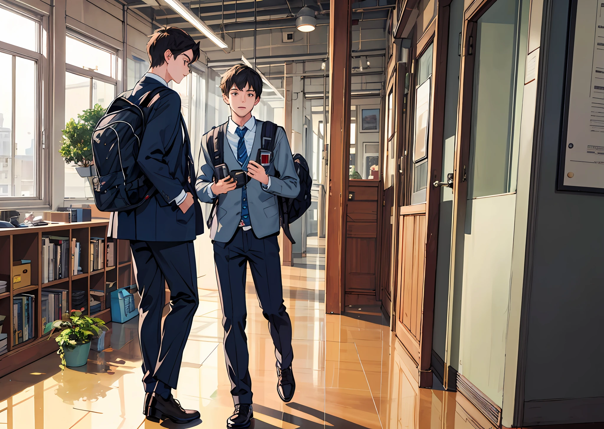 (masterpiece, best quality), 1boy, Talk, Indoor , , School clothes, backpacks,,