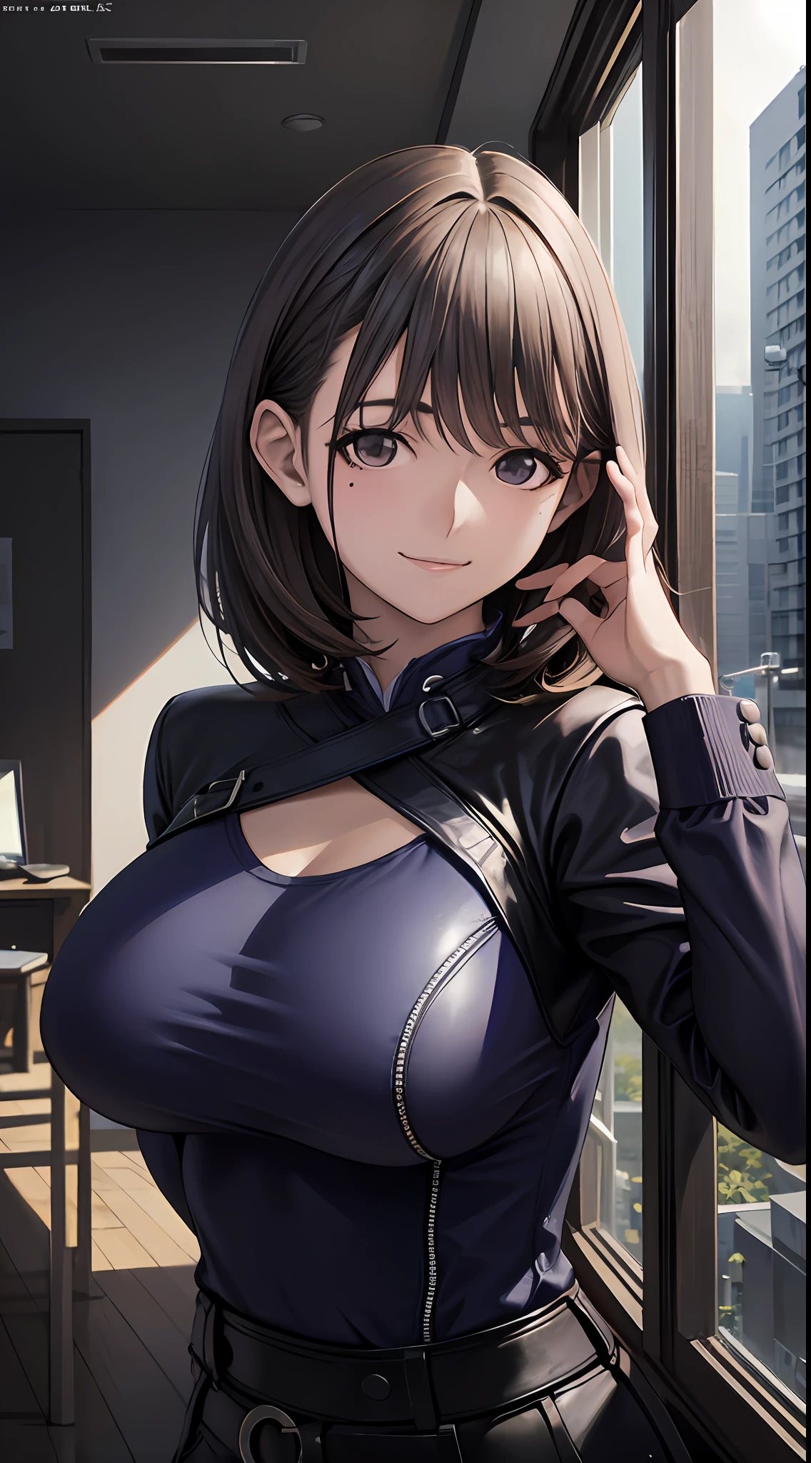 Anime girl with big breasts posing in front of the window, (chest wide open)), ((upper body)), ((focus on people)), ((((best smile)))), seductive anime girl, best anime 4k konachan wallpaper, perfect gray haired girl, charming anime girl, 4k anime wallpaper, 4k manga wallpaper,, detailed digital anime art, anime best girl, beautiful anime girl, cyberpunk, detailed anime artwork, beautiful attractive anime woman