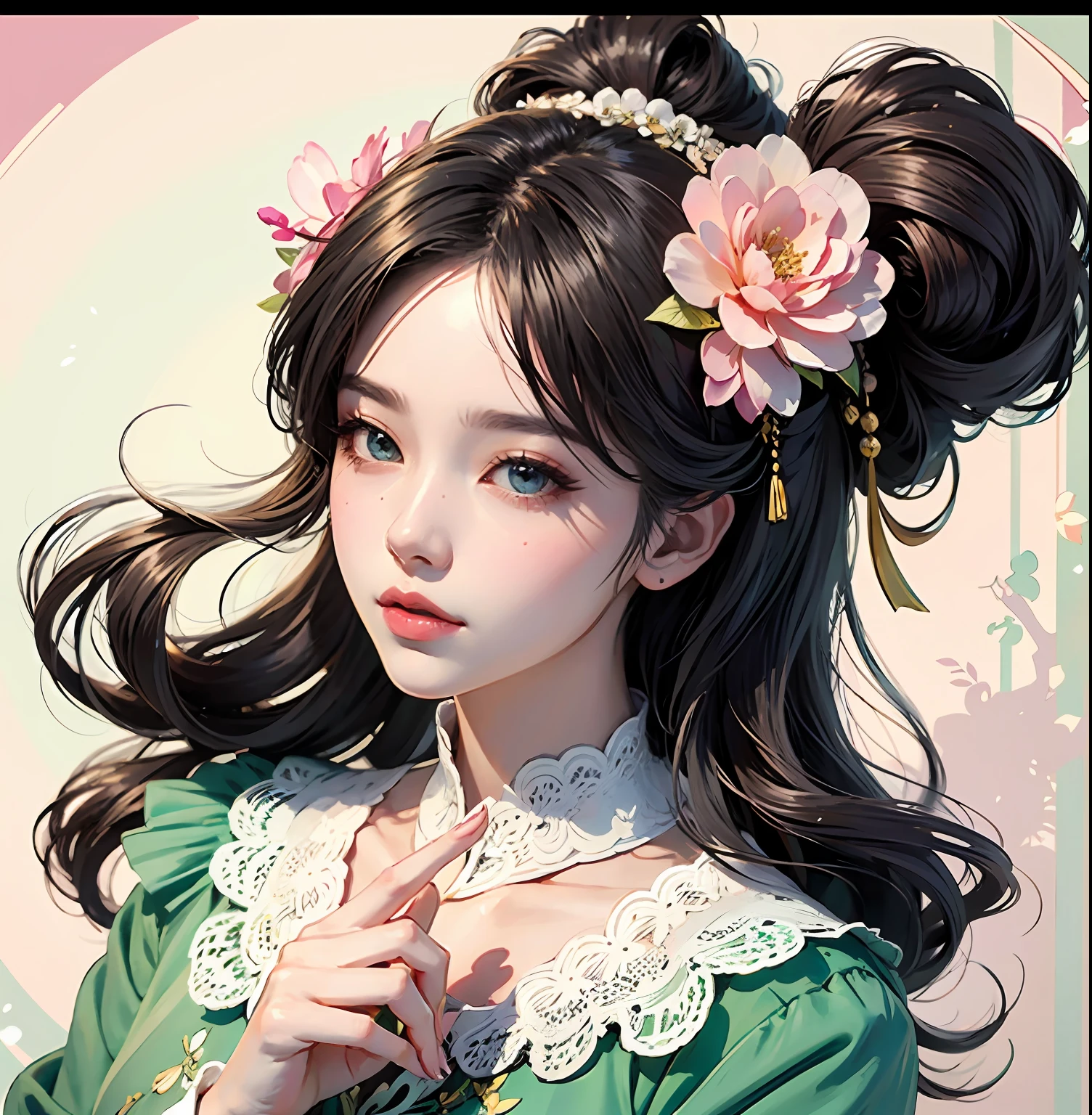 anime girl with flowers in her hair and a green dress, artwork in the style of guweiz, beautiful anime style, beautiful character painting, guweiz, beautiful anime portrait, palace ， a girl in hanfu, digital anime illustration, beautiful anime art style, high quality anime artstyle, 中 元 节, in the art style of bowater