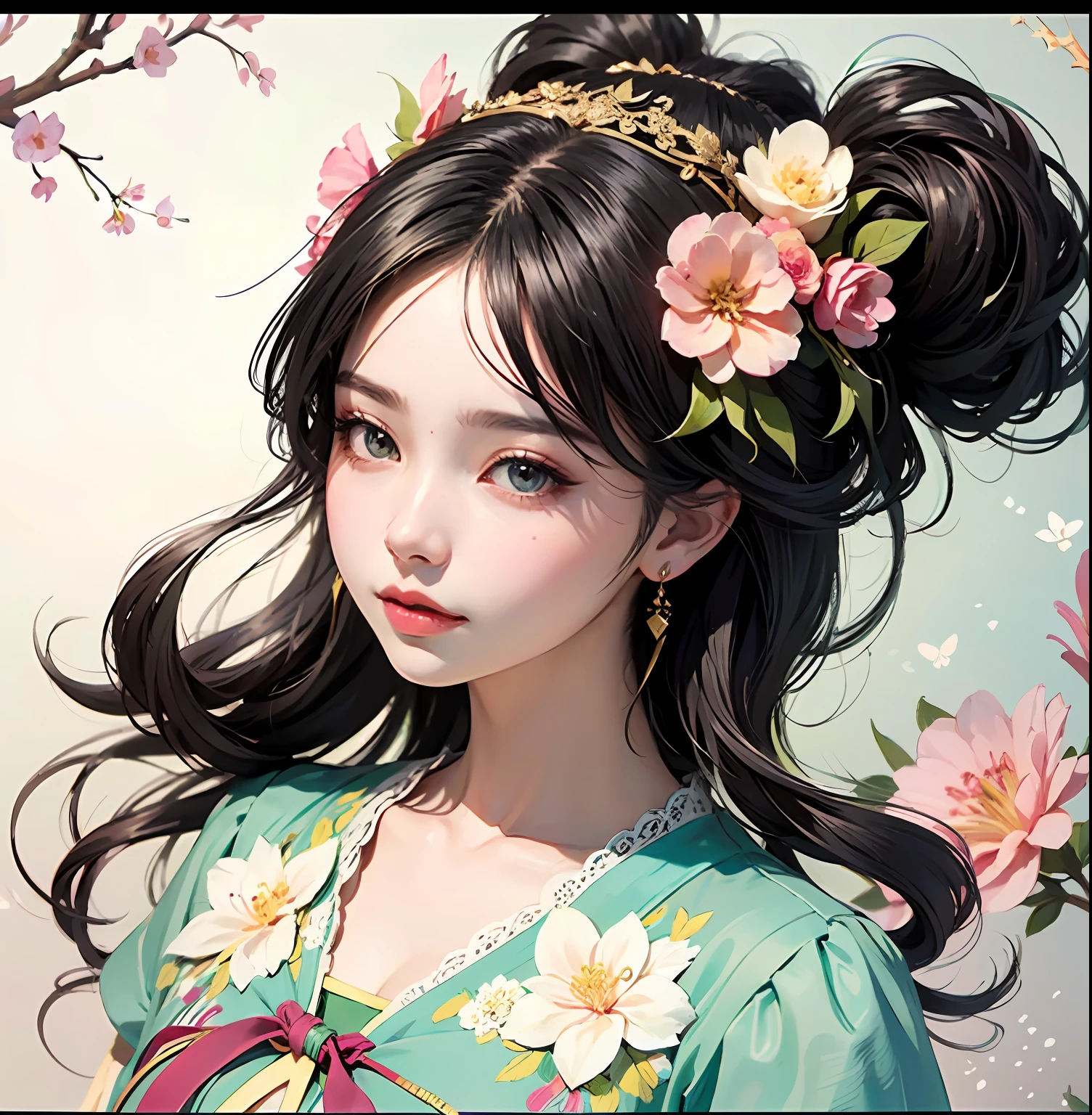 anime girl with flowers in her hair and a green dress, artwork in the style of guweiz, beautiful anime style, beautiful character painting, guweiz, beautiful anime portrait, palace ， a girl in hanfu, digital anime illustration, beautiful anime art style, high quality anime artstyle, 中 元 节, in the art style of bowater