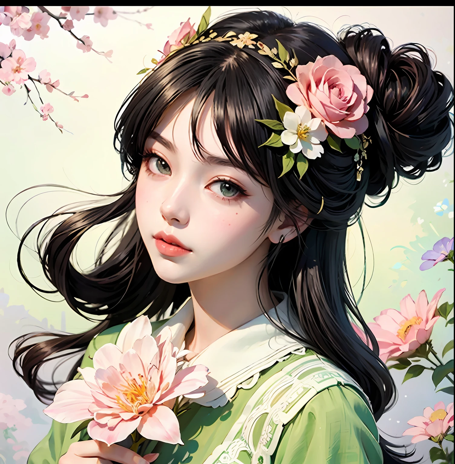 anime girl with flowers in her hair and a green dress, artwork in the style of guweiz, beautiful anime style, beautiful character painting, guweiz, beautiful anime portrait, palace ， a girl in hanfu, digital anime illustration, beautiful anime art style, high quality anime artstyle, 中 元 节, in the art style of bowater