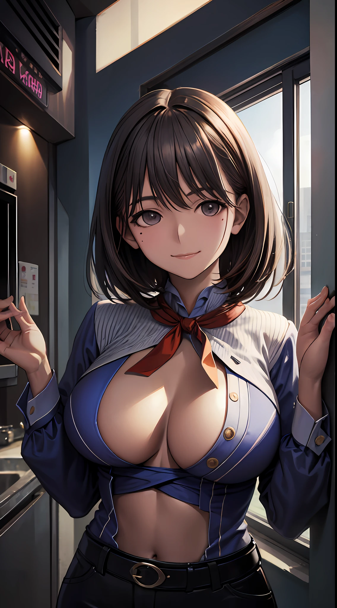 Anime girl with big breasts posing in front of the window, (chest wide open)), ((upper body)), ((focus on people)), ((((best smile)))), seductive anime girl, best anime 4k konachan wallpaper, perfect gray haired girl, charming anime girl, 4k anime wallpaper, 4k manga wallpaper,, detailed digital anime art, anime best girl, beautiful anime girl, cyberpunk, detailed anime artwork, beautiful attractive anime woman