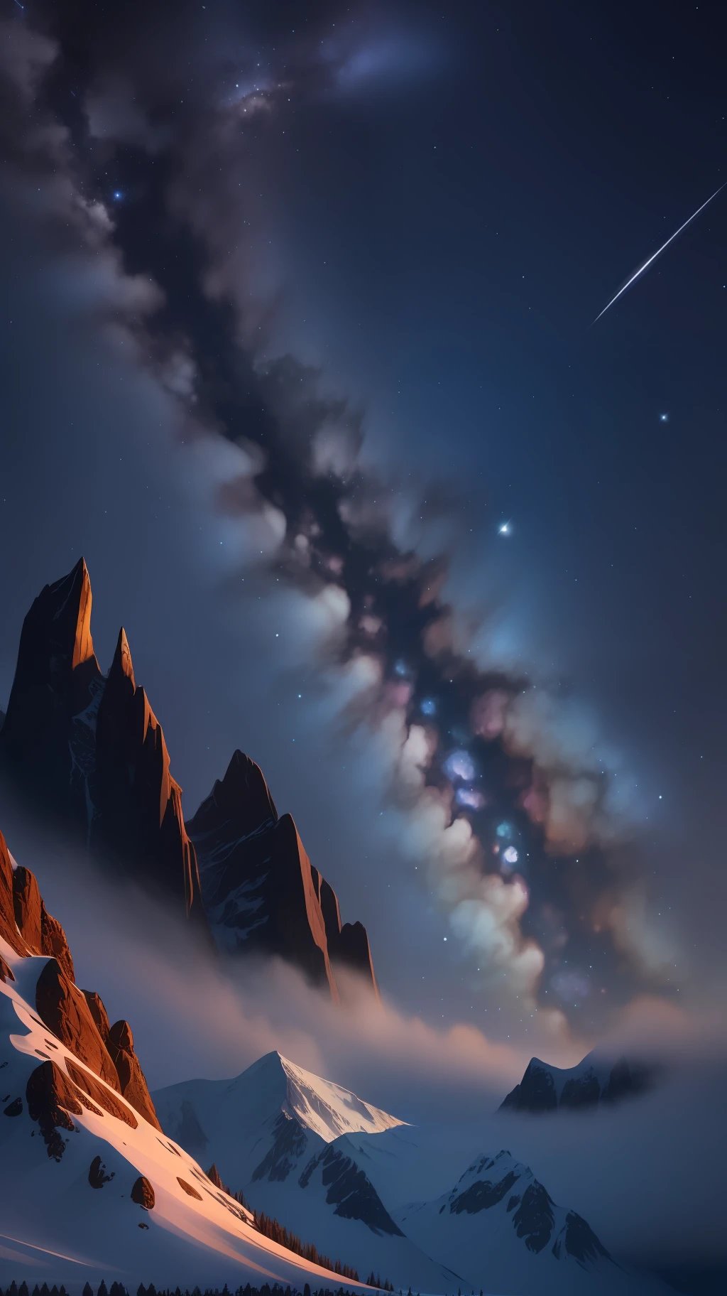 Immerse yourself in the beauty of the Milky Way and majestic mountains with this perfectly cropped wallpaper for your phone's 9 x 16 display. Experience the awe-inspiring essence of the cosmos and nature in this vertical composition. Marvel at the intricacies of the starry night sky and the ethereal glow of the galaxy casting a gentle luminosity upon the mountains. Every detail is rendered with precision, from the majestic peaks to the serene valleys. Carry this breathtaking wallpaper with you and be captivated by the harmonious convergence of the Milky Way and nature's magnificence.