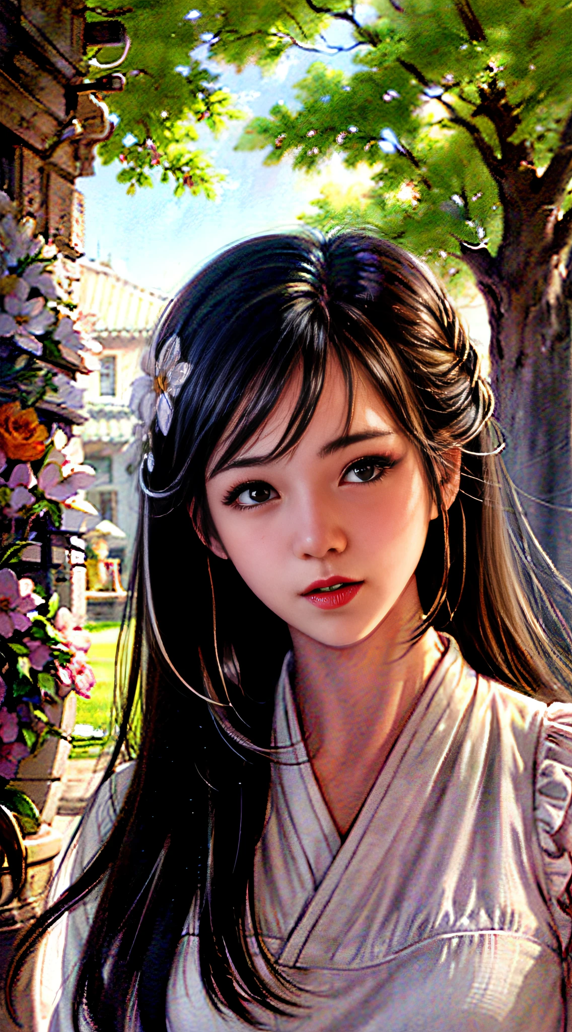 stechu,(white background:1.4), ((tachi-e)), original,(illustration:1.1),(best quality),(masterpiece:1.1),(extremely detailed CG unity 8k wallpaper:1.1), (colorful:0.9),(panorama shot:1.4),(solo:1.2), (ink splashing),(color splashing),((watercolor)), clear sharp focus,{ 1girl standing },((korean style )),flower background,outdoors,rocks, looking at viewer, make happy expressions,soft smile,pure,beautyfull detailed face and eyes,beautyfull intricacy clothing decorative pattern details, black hair,black eyes,colorwater