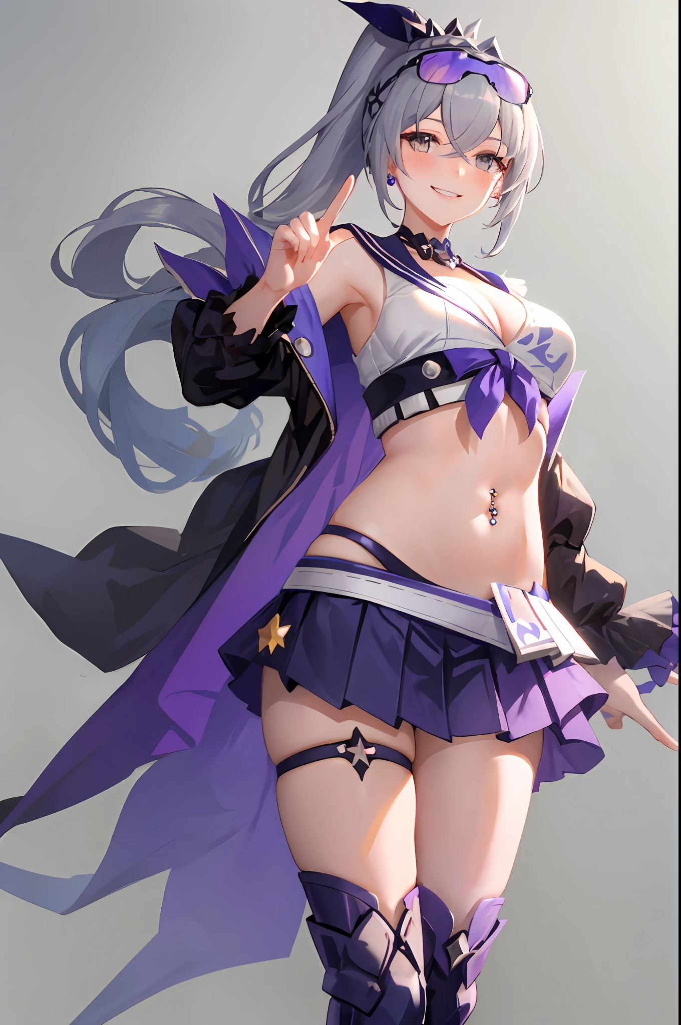 Silver wolf, honkai star rail, 1girl, solo, purple glasses on head, sailor uniform, crop top, show stomach, black thighhighs, breasts, cleavage, simple background, outdoor, pleated skirt, hair between eyes, large breasts, long hair, looking at viewer, silver hair, solo, thighhighs, thighs, long hair, pony tail hair, ((masterpiece)), standing, belly button piercing, ear piercing, sexy pose, blush, shy, smile, show teeth, white background, detailed hand, beautifull finger,