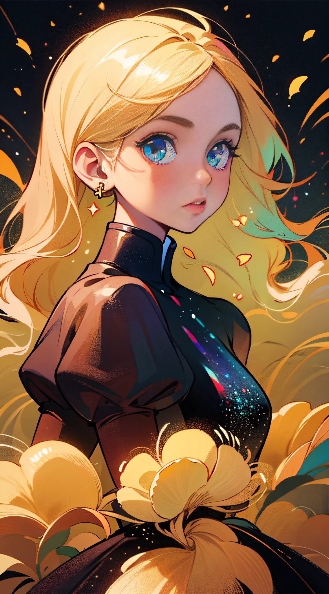 (best quality, masterpiece), 1girl, galaxy, glitter, dress, particle, wind, flower, upper body, dark simple background, looking at viewer, blonde,