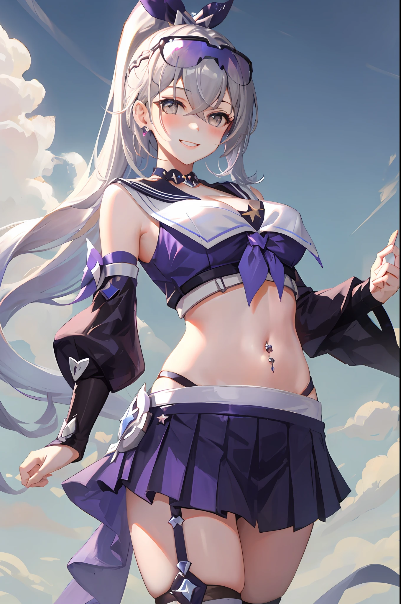 Silver wolf, honkai star rail, 1girl, solo, purple glasses on head, sailor uniform, crop top, show stomach, black thighhighs, breasts, cleavage, simple background, outdoor, pleated skirt, hair between eyes, large breasts, long hair, looking at viewer, silver hair, solo, thighhighs, thighs, long hair, pony tail hair, ((masterpiece)), standing, belly button piercing, ear piercing, sexy pose, blush, shy, smile, show teeth, white background, detailed hand, beautifull finger,